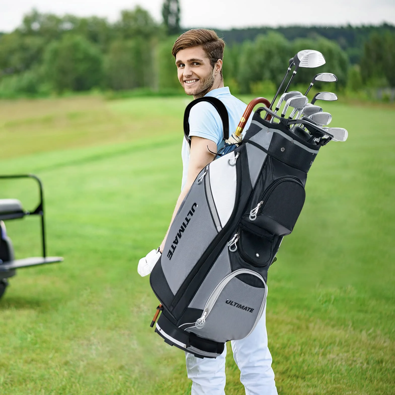 COSTWAY Borsa da Golf con 14 Divisori, Sacca per Mazze da Golf con Borsa Termica, Cappuccio Impermeabile, Maniglie e Tracolla, Ideale per Uomini e Donne, Nero e Grigio