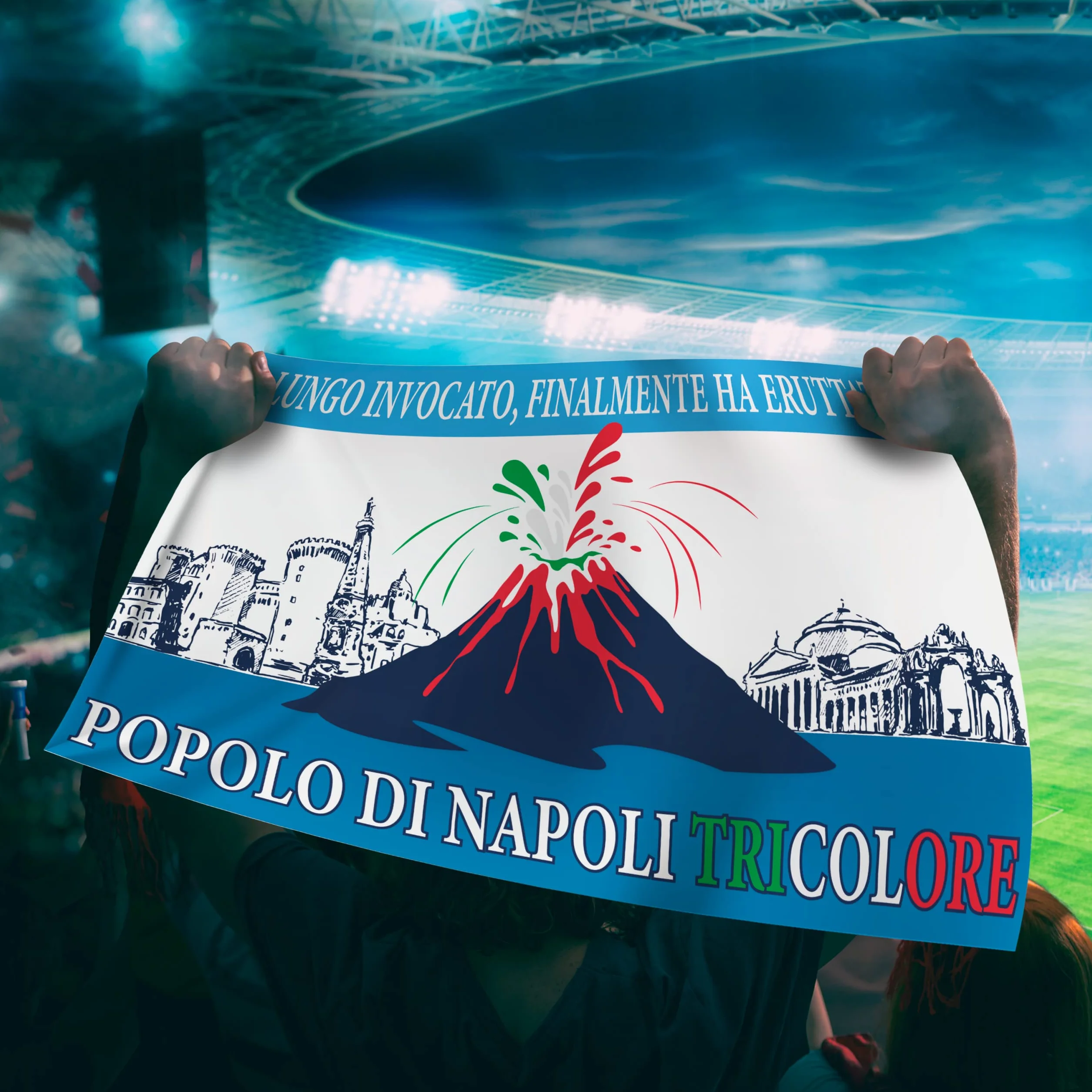 Bandiera 4° Scudetto Popolo di Napoli - Bandiera "Vesuvio Erutta" 90x150 cm - Gadget 4° Tricolore - Regalo Tifoso Calcio, Senza Asta