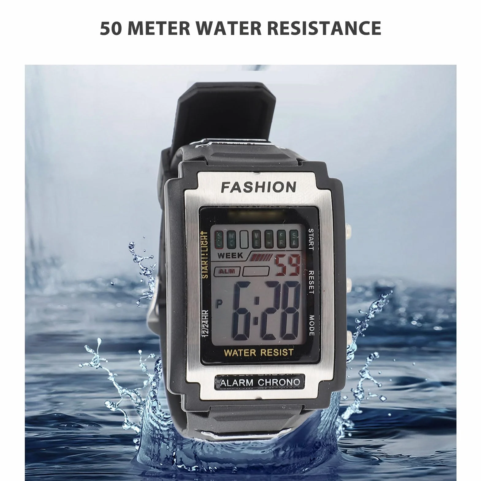 Orologio Sportivo Digitale, Orologio da Nuoto Impermeabile, Orologio Polso Cronografo Rettangolare Esterni Orologio Digitale Multifunzionale a Grande Schermo per Escursioni Corsa