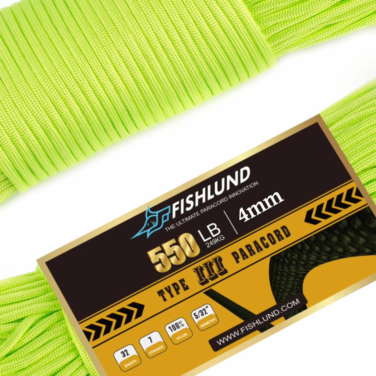 Paracord 550 libbre corda tipo III 7 fili 50 piedi 4 mm nylon campeggio Verde neon