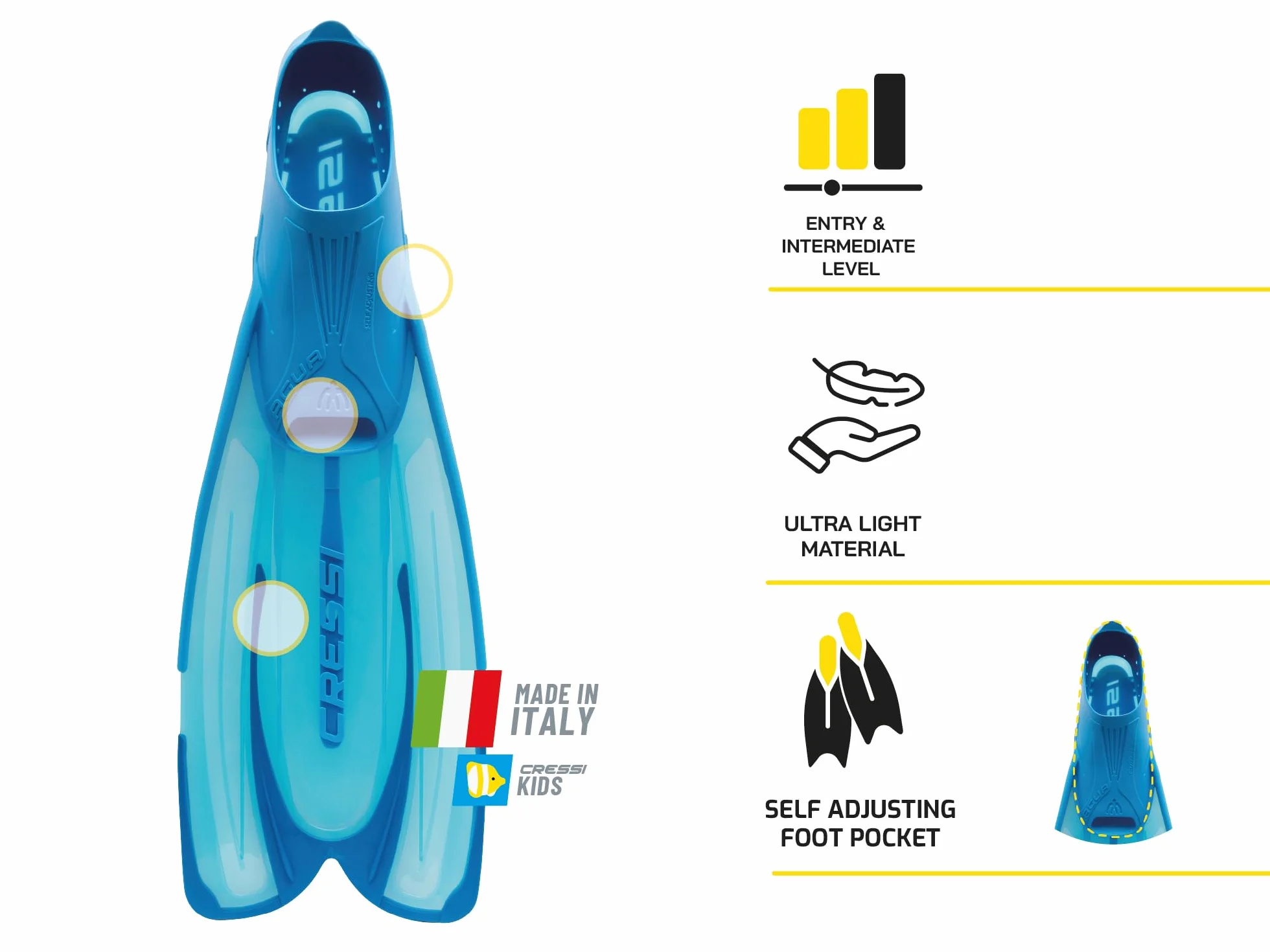 CRESSI Agua Pinne a Scarpetta Leggere per Snorkeling Nuoto e Attività Acquatiche con Calzata Automatica Morbida in Termo-Gomma e Pinna Reattiva – Design Italiano Prodotto in Italia