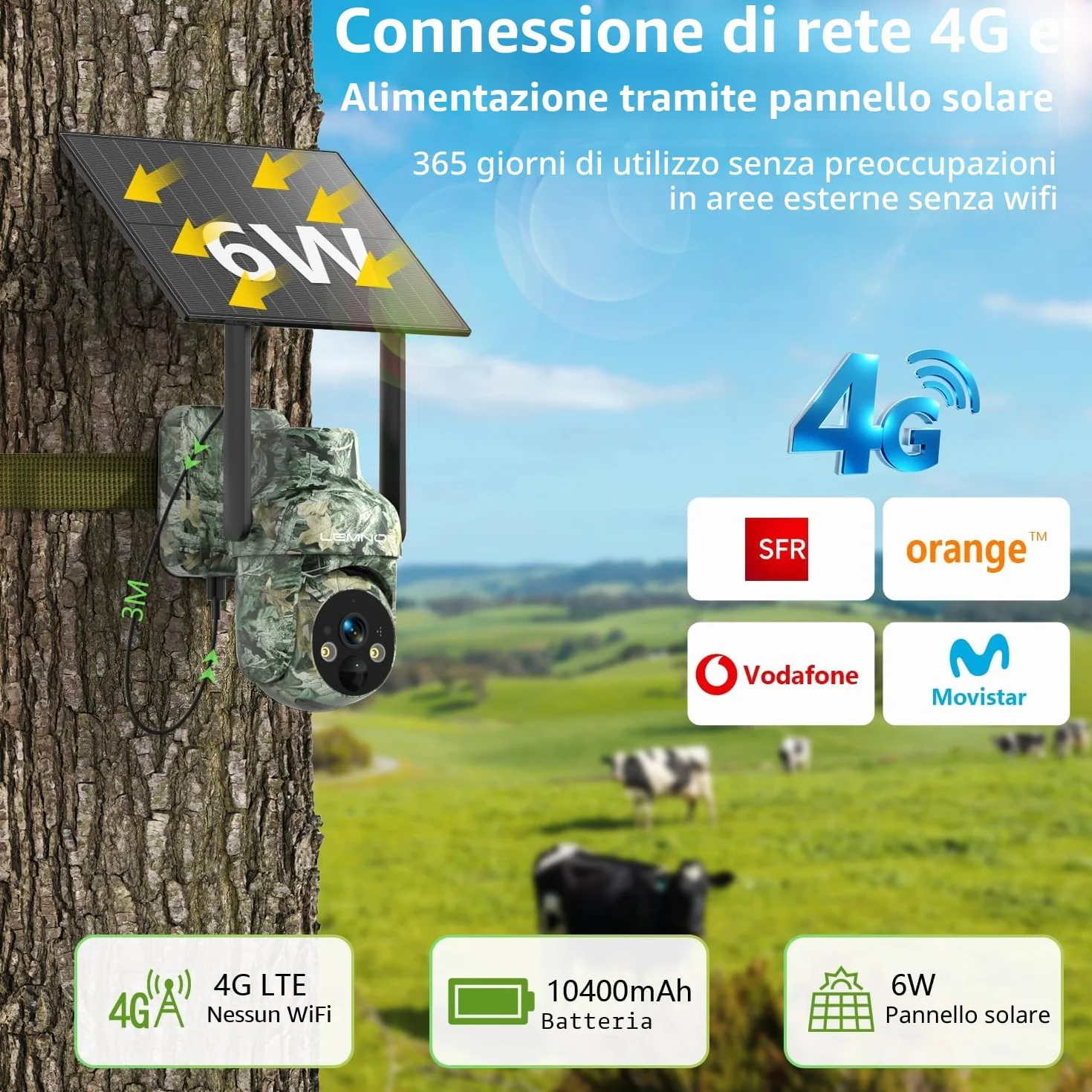 LEMNOI Fototrappola 4G Solare con SIM Preinstallate, Fotocamera da Caccia 2K PTZ Impermeabile Visione Notturna Colori Rilevamento PIR