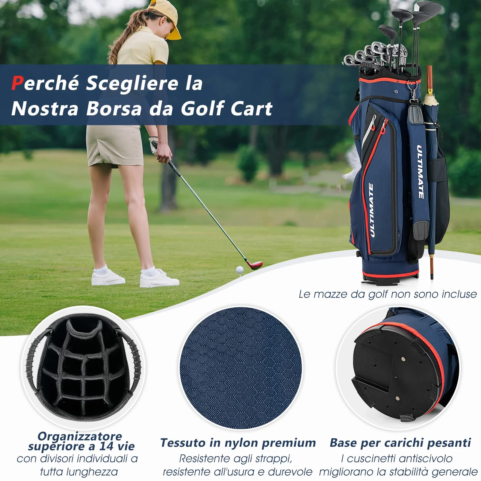 COSTWAY Borsa da Golf Leggera e di Grande Capacità, Sacca da Golf con 14 Divisori, 8 Tasche, Cappuccio Antipioggia, Tracolla, Borsa Termica per Bevande, Ideale per Uomini e Donne (Blu)