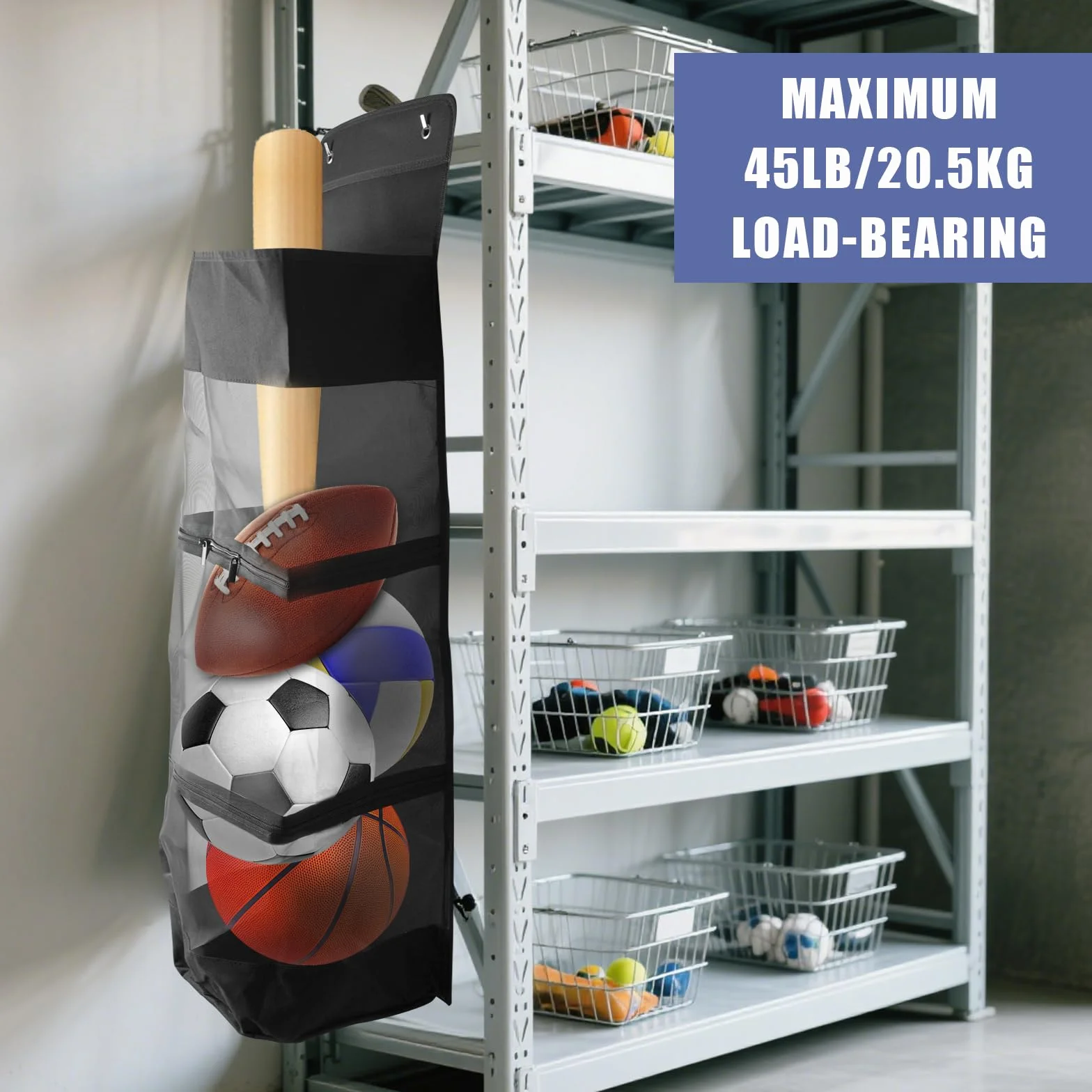 Organizer da appendere sopra la porta, borsa sportiva sospesa con ganci in metallo, supporto per palla, riporre pallacanestro, calcio, pallavolo, tennis, nero