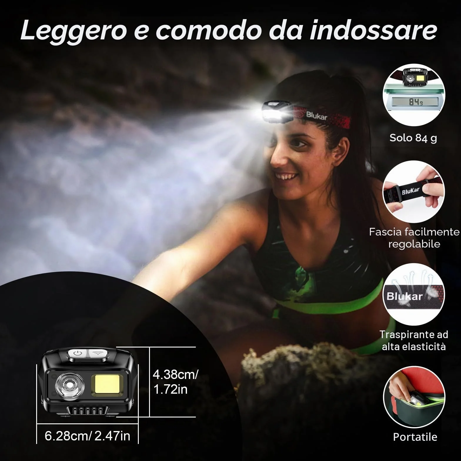 Blukar Torcia Frontale LED 2000 Lumen Ricaricabile con Sensore Movimento Impermeabile per Campeggio Pesca Trekking