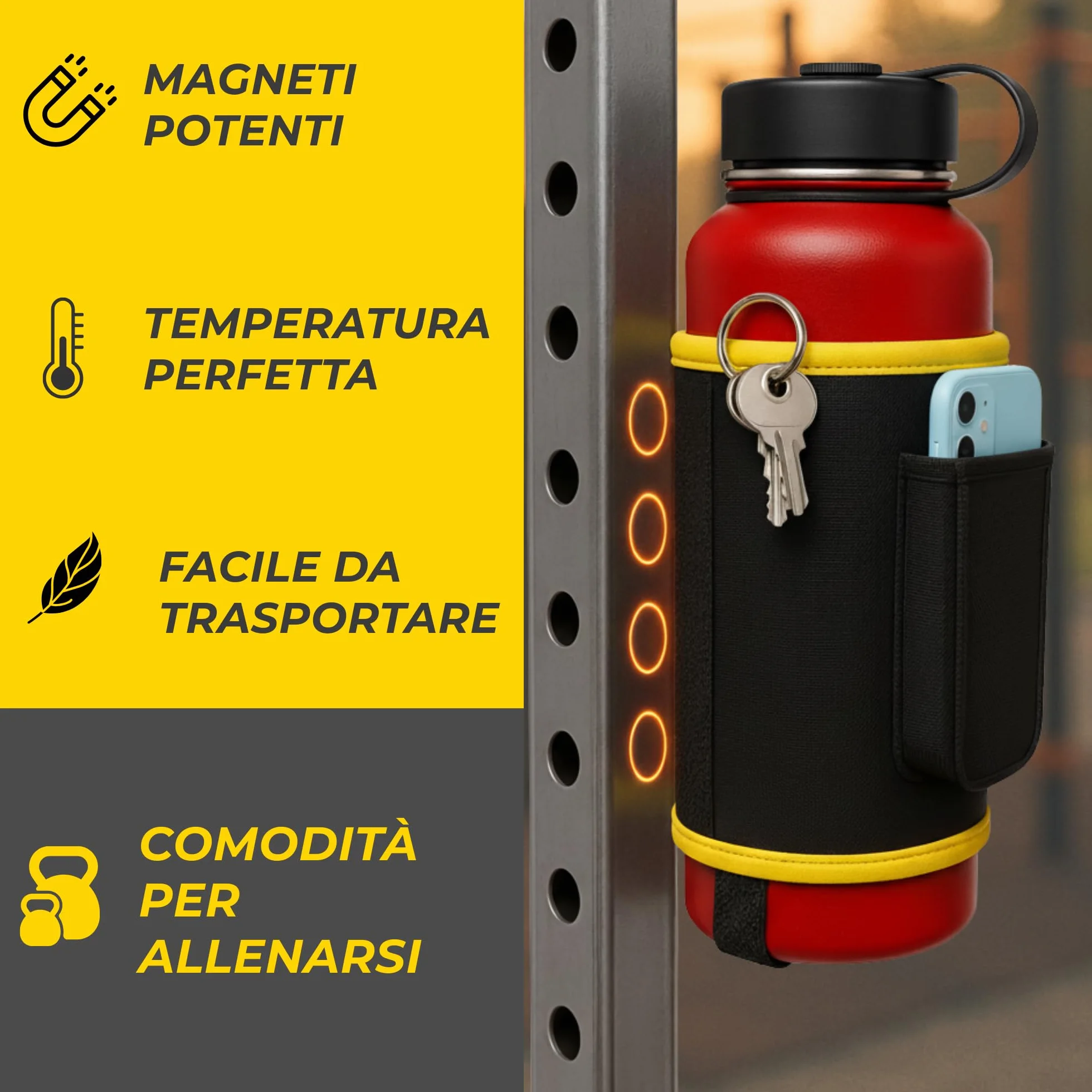 Borsa Magnetica Palestra Snapfit Magnetic Bag Custodia Termica Neoprene per Bottiglia d'Acqua con Tracolla e Porta Cellulare
