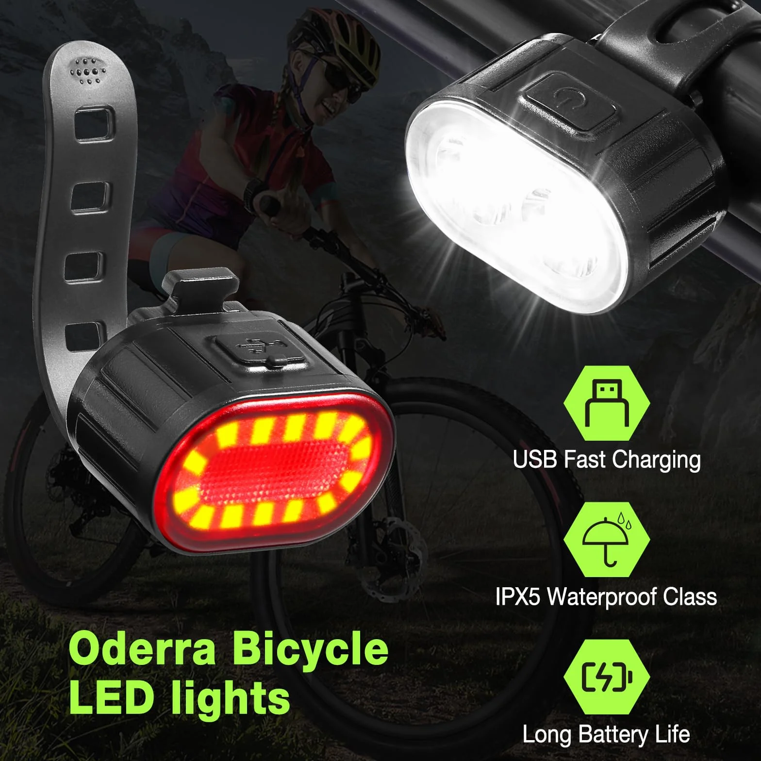 Oderra Luci Bicicletta LED Anteriore e Posteriore USB Ricaricabile IPX4 Impermeabile 4/6 Modalità per MTB Bici Skateboard