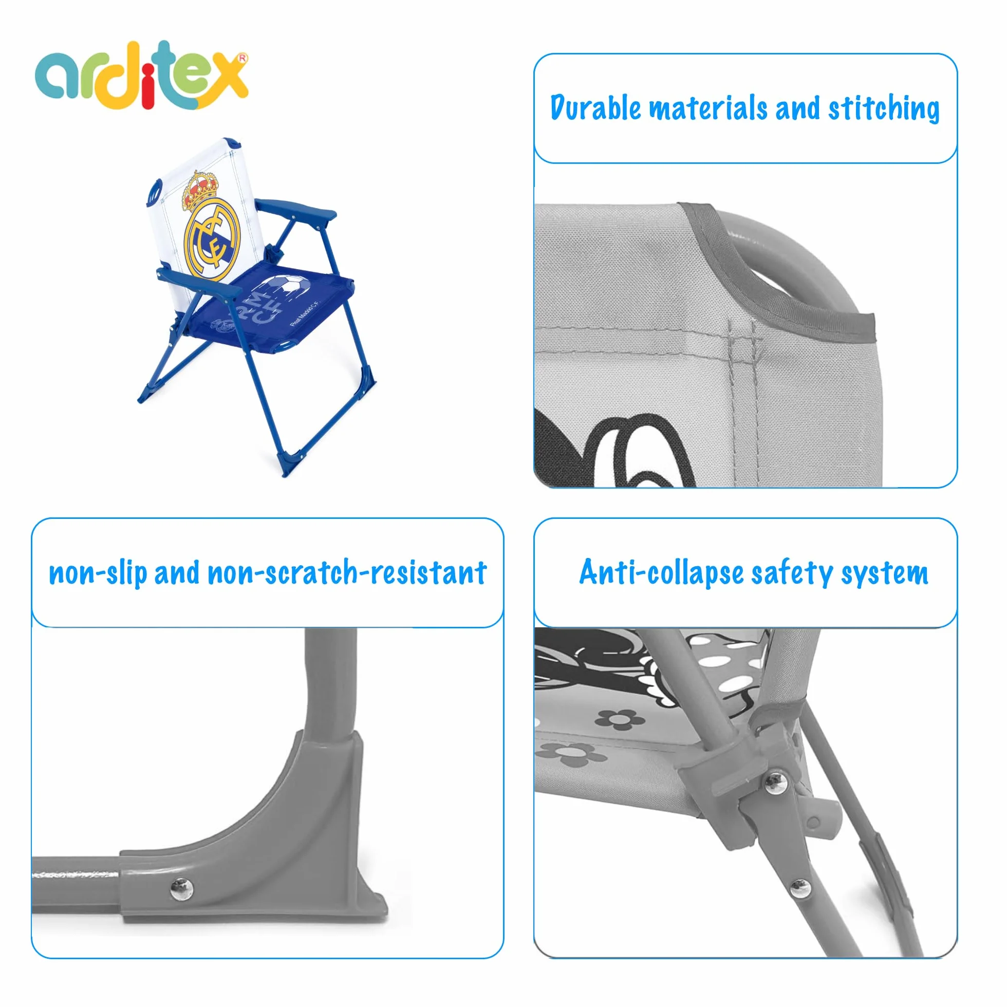 ARDITEX Sedia pieghevole con braccioli del Real Madrid - 38 x 32 x 53 cm - adatta per giardino, campeggio, spiaggia o montagna - ideale per ragazzi e ragazze.