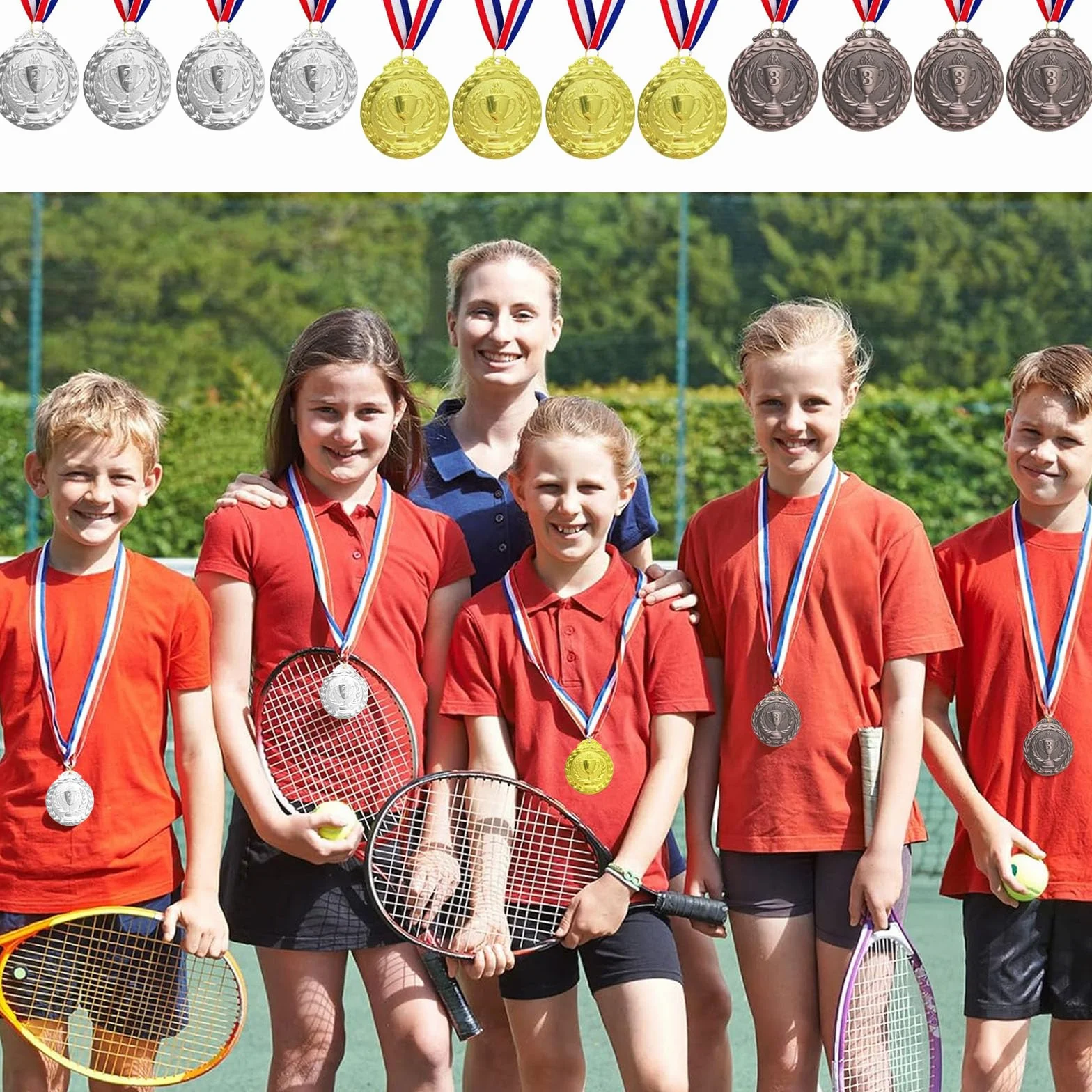 Medaglie in Metallo Oro Argento Bronzo per Bambini Vincitori Concorsi Feste Stile Olimpico con Collari, 12 Pezzi
