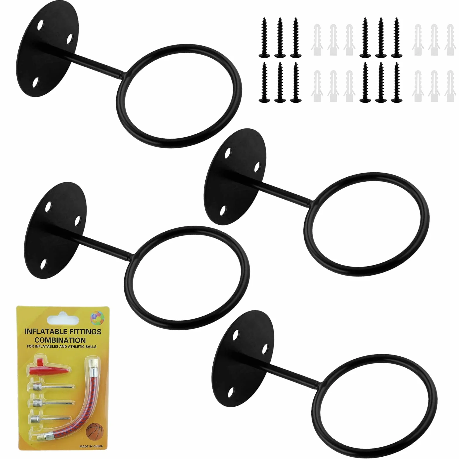 4 Pezzi 10 cm Nero Supporti Robusti montare a parete con viti e dispositivo gonfiaggio, Alta qualità Supporto Calcio,Porta Palloni Parete Universale,per basket, calcio