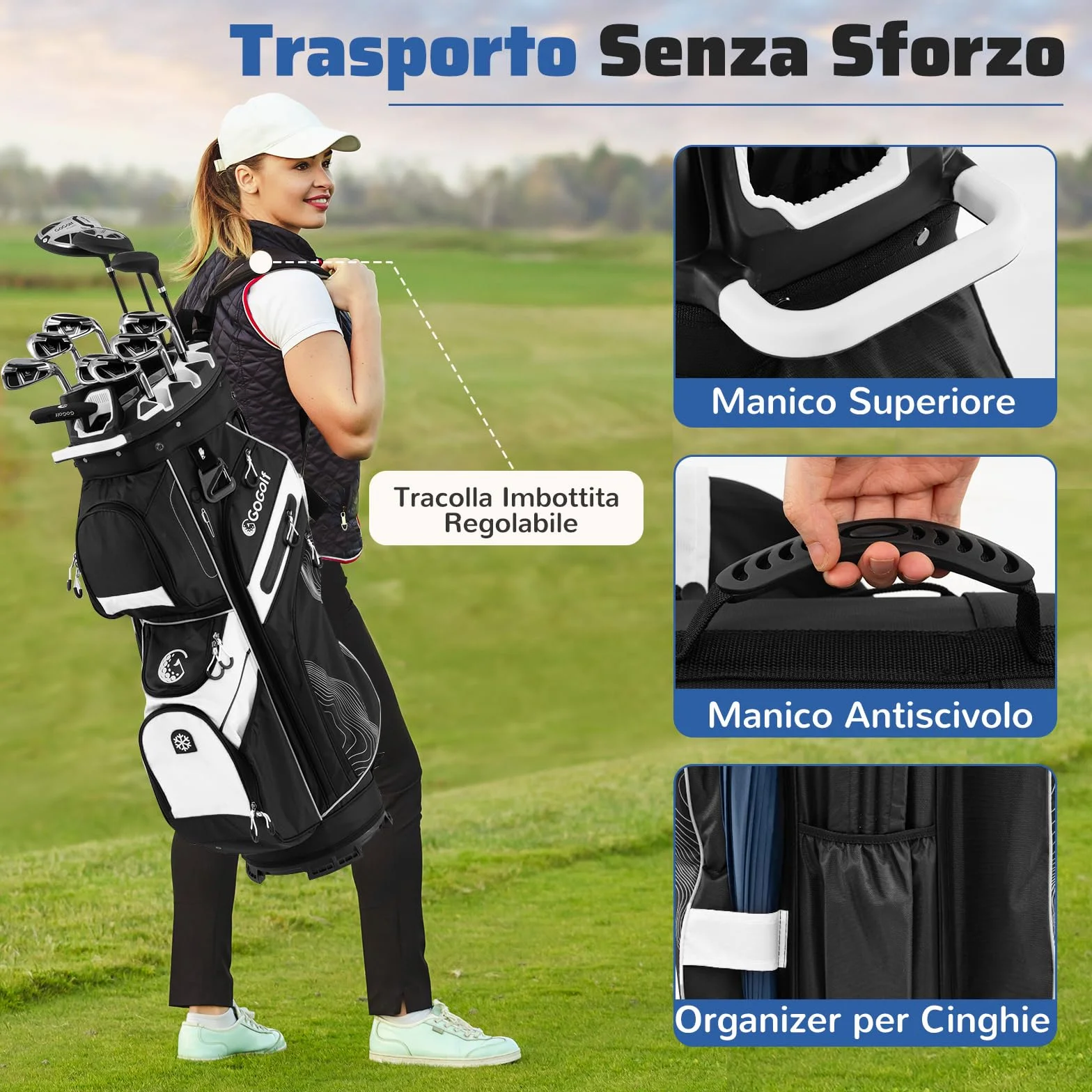 COSTWAY Borsa Carrello da Golf, Sacca da Golf con Serratura e Divisori a 14 Vie, 11 Tasche, Sacca Isolante, Tracolla Imbottita, Maniglie, Porta Ombrello e Cappuccio Antipioggia