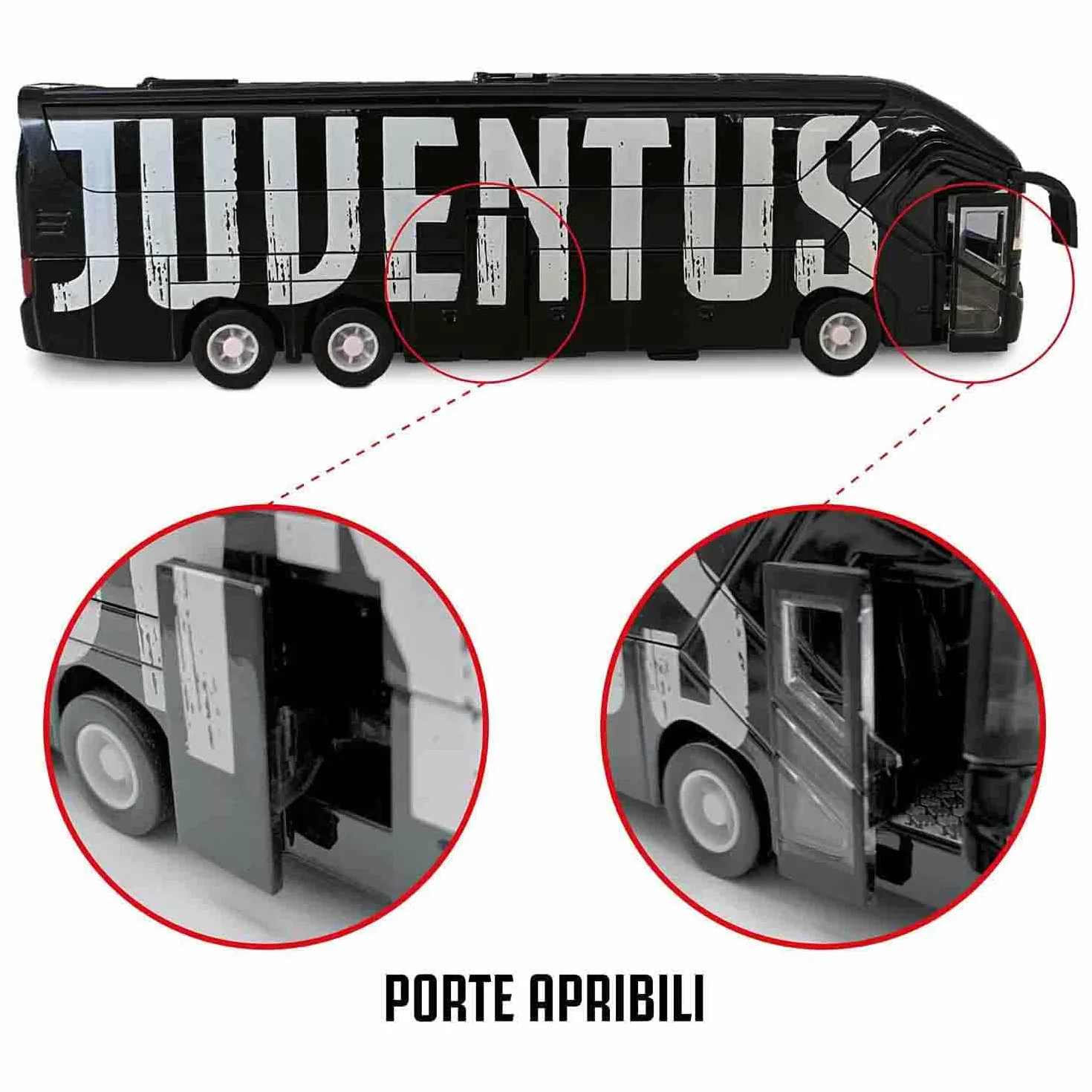 Mondo Motors - Pullman Juventus F.C. modellino giocattolo - Bus con retrocarica frizione pull back - Colore Bianco Nero - 51212