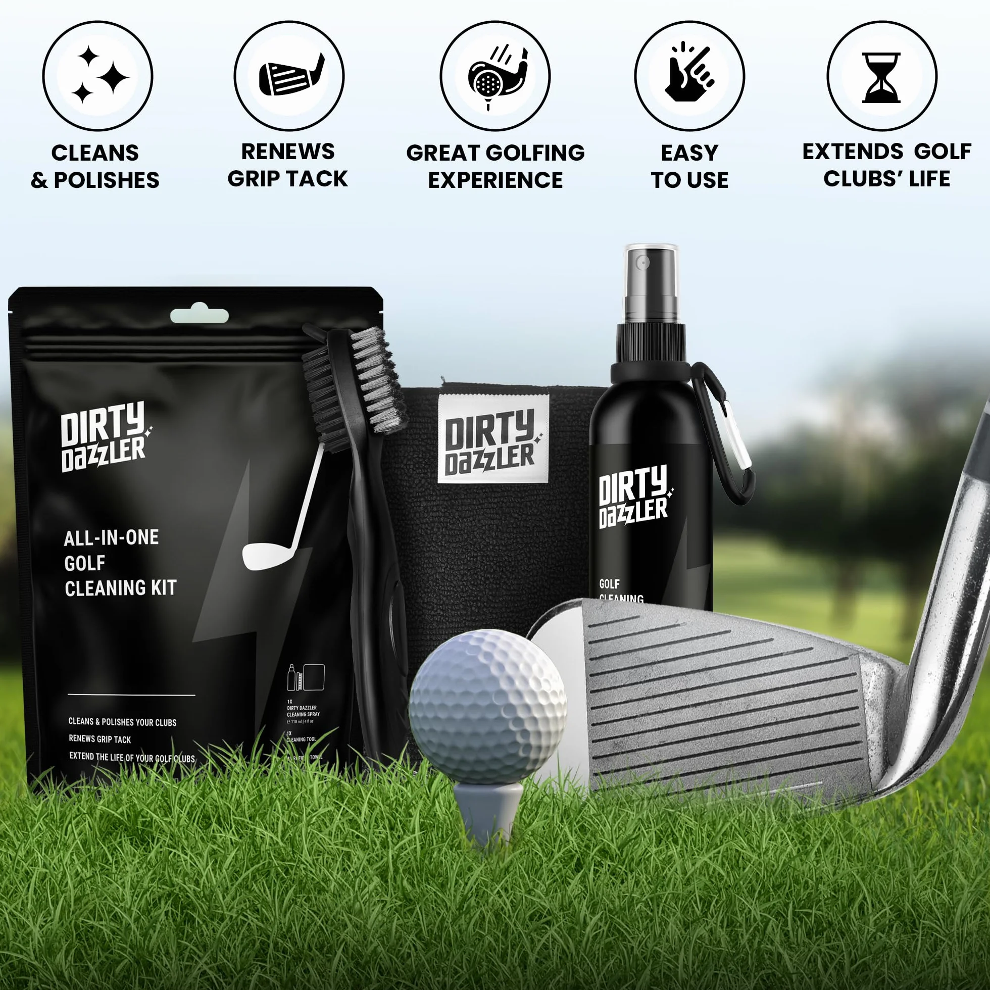 Kit Pulizia Mazze da Golf 3 Pezzi - Spazzola per Scanalature, Panno e Detergente Spray