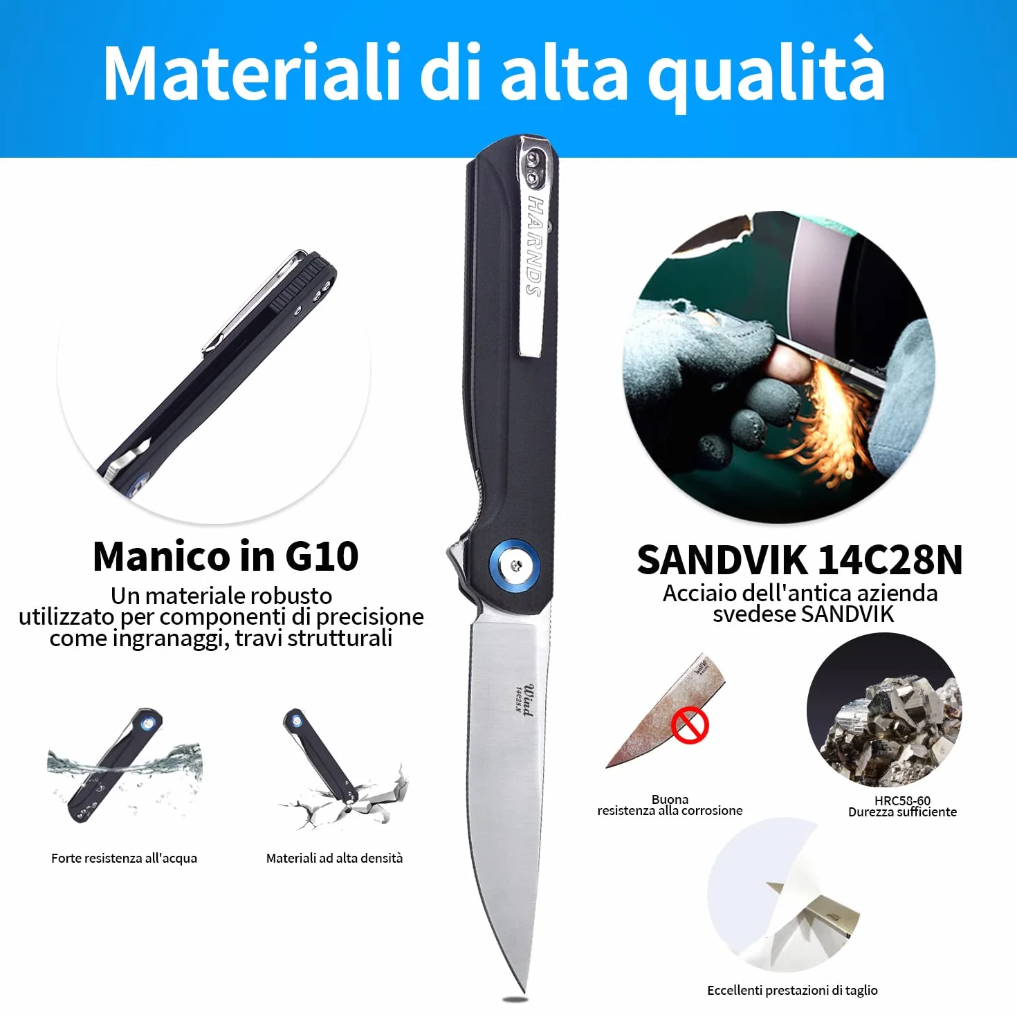 HARNDS Wind Coltello Pieghevole Tascabile Lama Acciaio Sandvik Manico G10, Serramanico Cuscinetto a Sfere per Caccia Campeggio