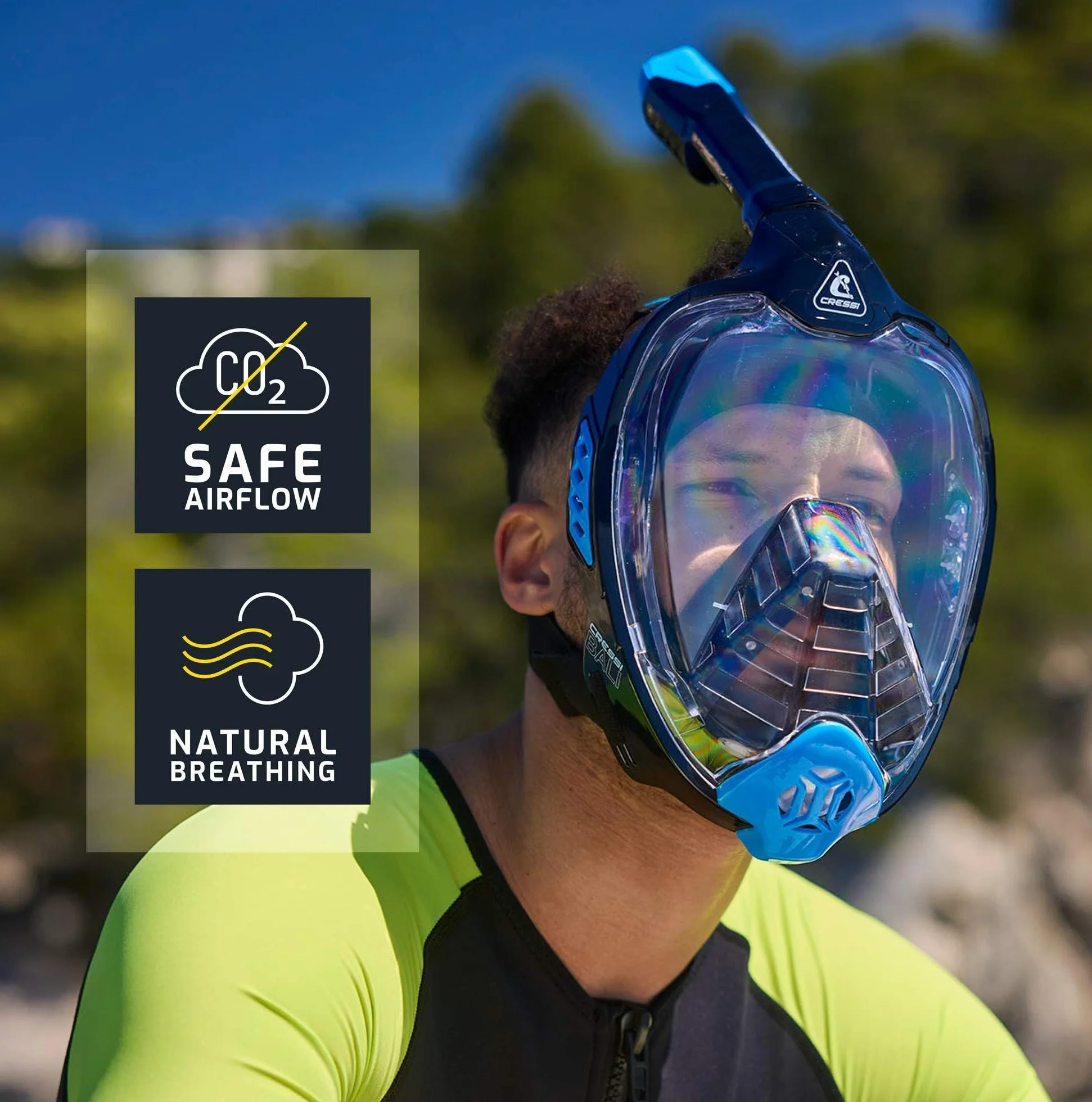 CRESSI Bali Full Face Mask - Maschera Snorkeling Integrale Unisex, Lente Ultra Chiara Anti Fog, 100% Silicone, Snorkel Dry con Valvole Sicurezza, Supporto Action Cam