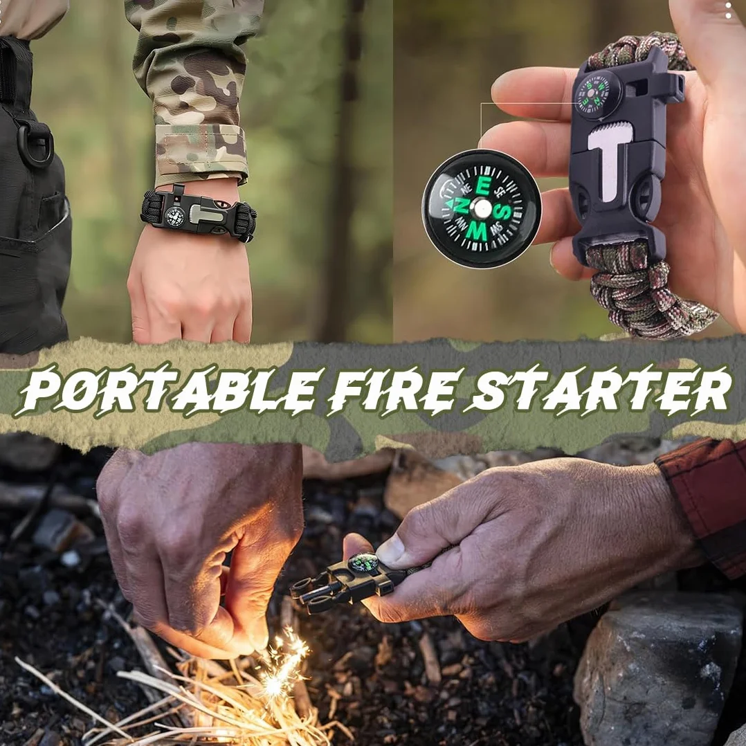 Paracord Braccialetto Sopravvivenza Regolabile Kit con Flint Bussola Termometro per Escursionismo Campeggio Emergenza 2PCS