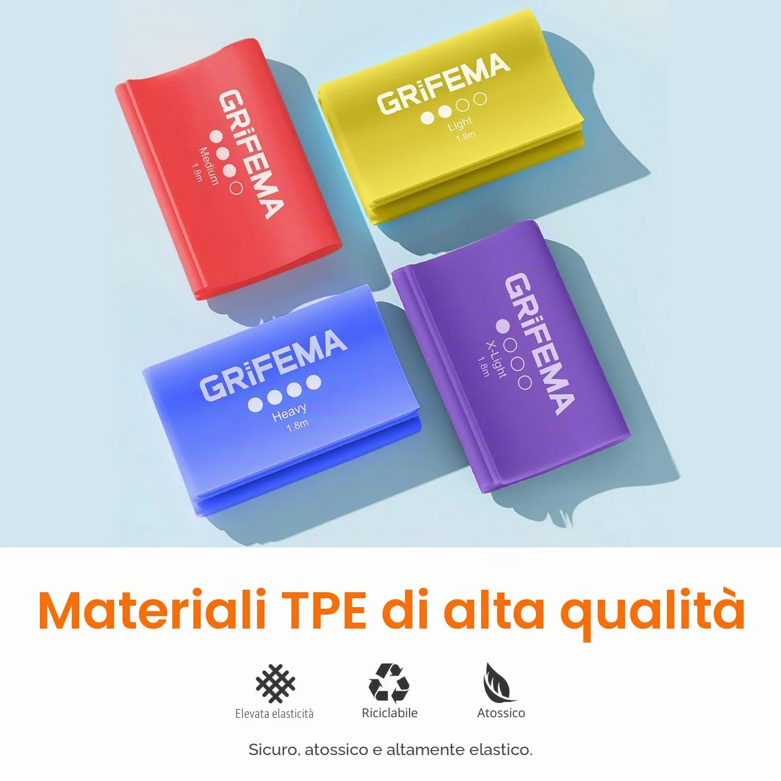 GRIFEMA GA5002 Fasce elastiche fitness set da 4 1,8 m 4 livelli di resistenza per allenamento forza yoga pilates