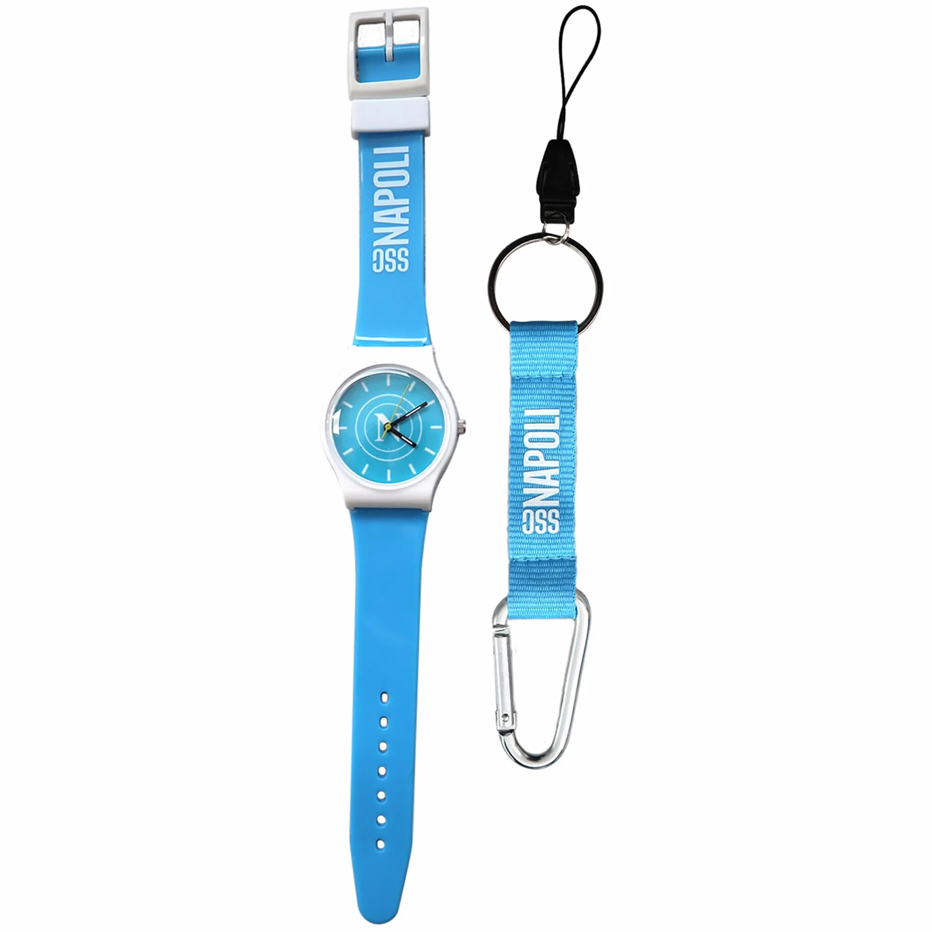 SSC Napoli Kit Orologio da Polso e Portachiavi Celeste con Logo