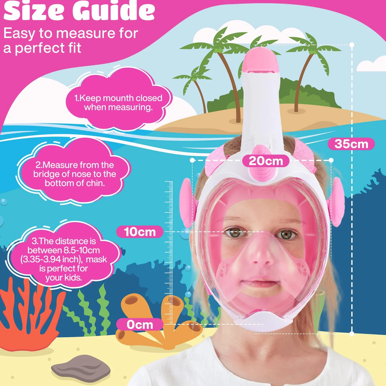 Maschera Snorkeling Integrale Bambini 3-12 Anni Vista Panoramica 180° Anti Appannamento Rosa XS