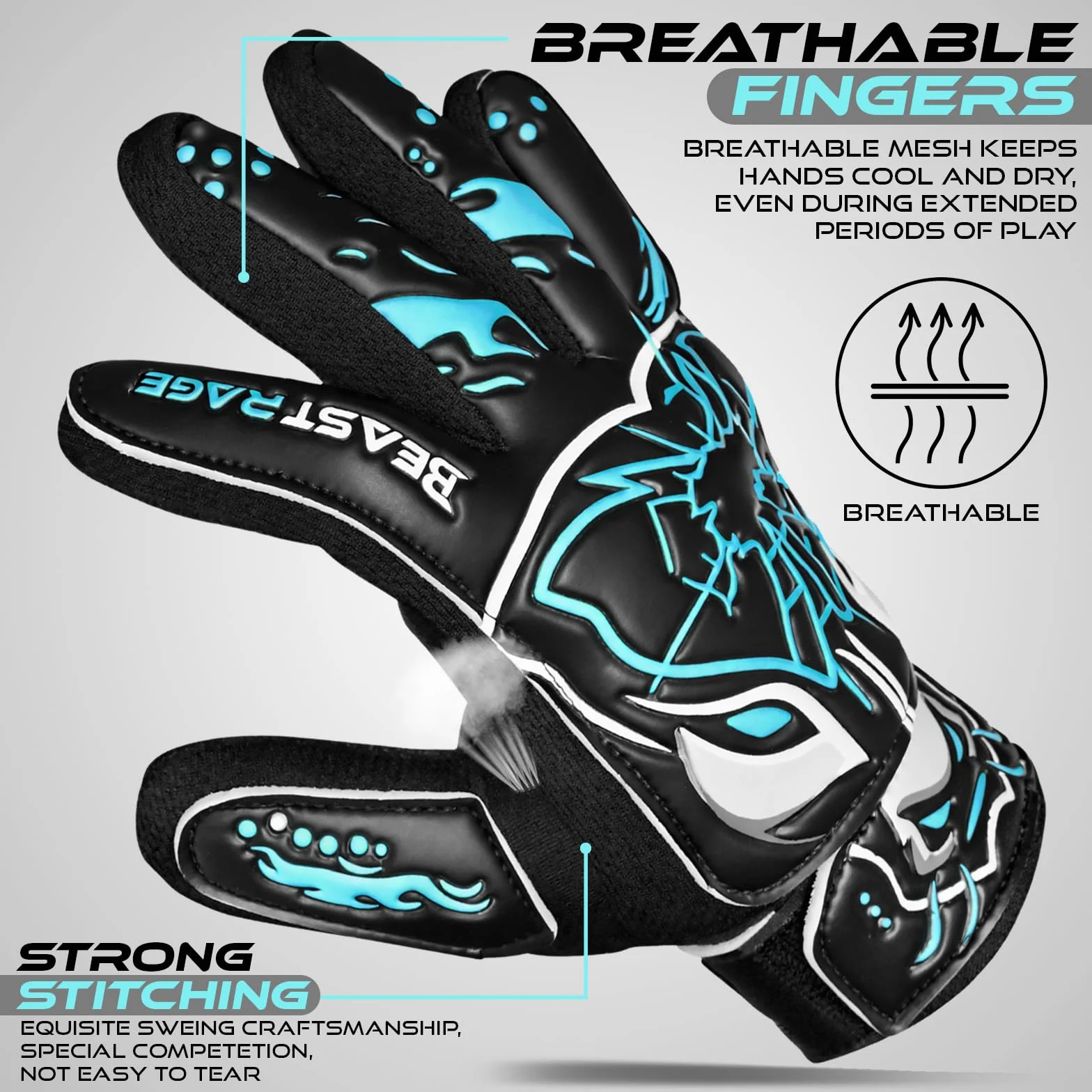 BEAST RAGE Guanti da portiere bambini lattice tedesco antiscivolo palmo laminato 3+4 mm dorso leggero cinturino regolabile