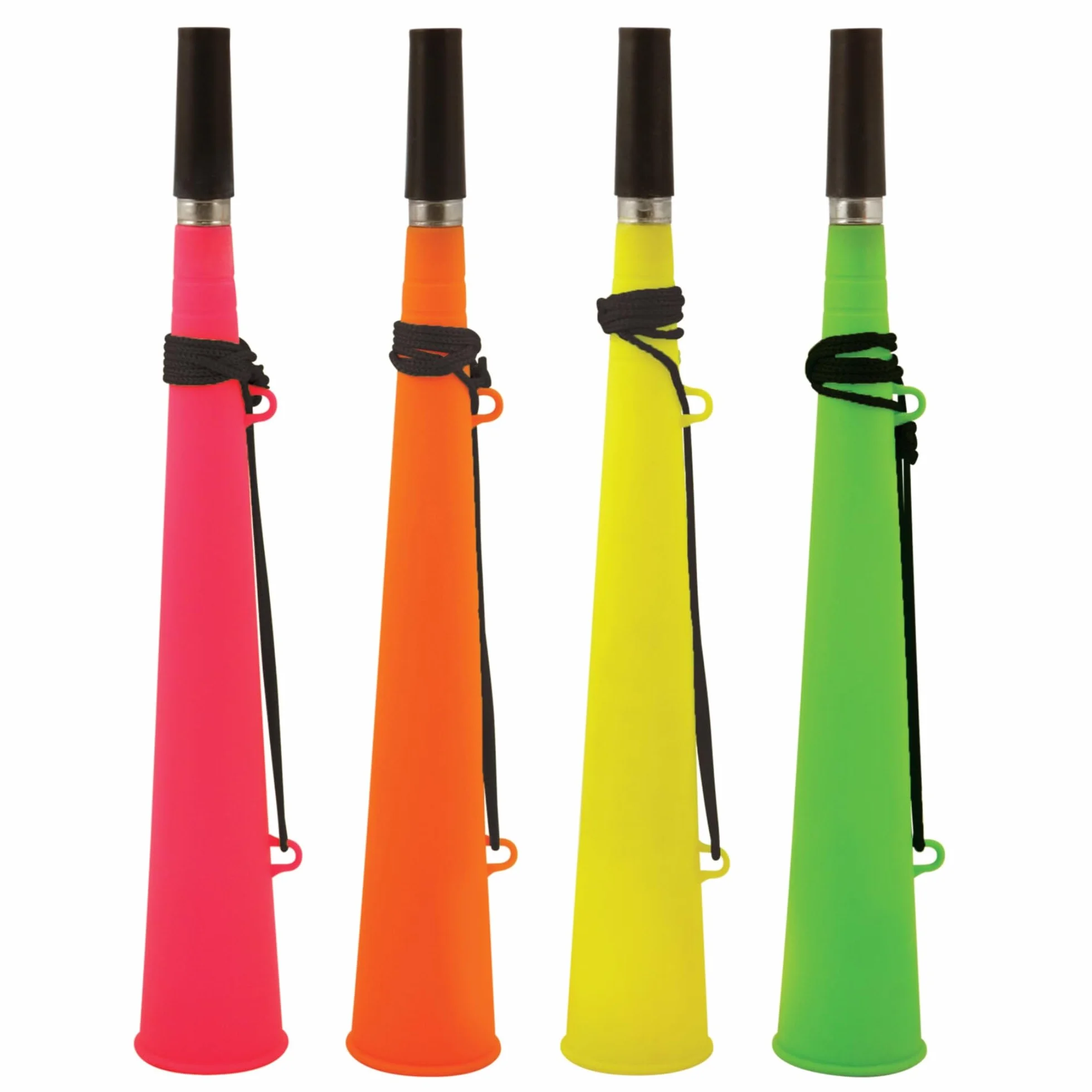 Vuvuzela plastica rumorosa per calcio adulti con cordino 4 confezioni assortiti