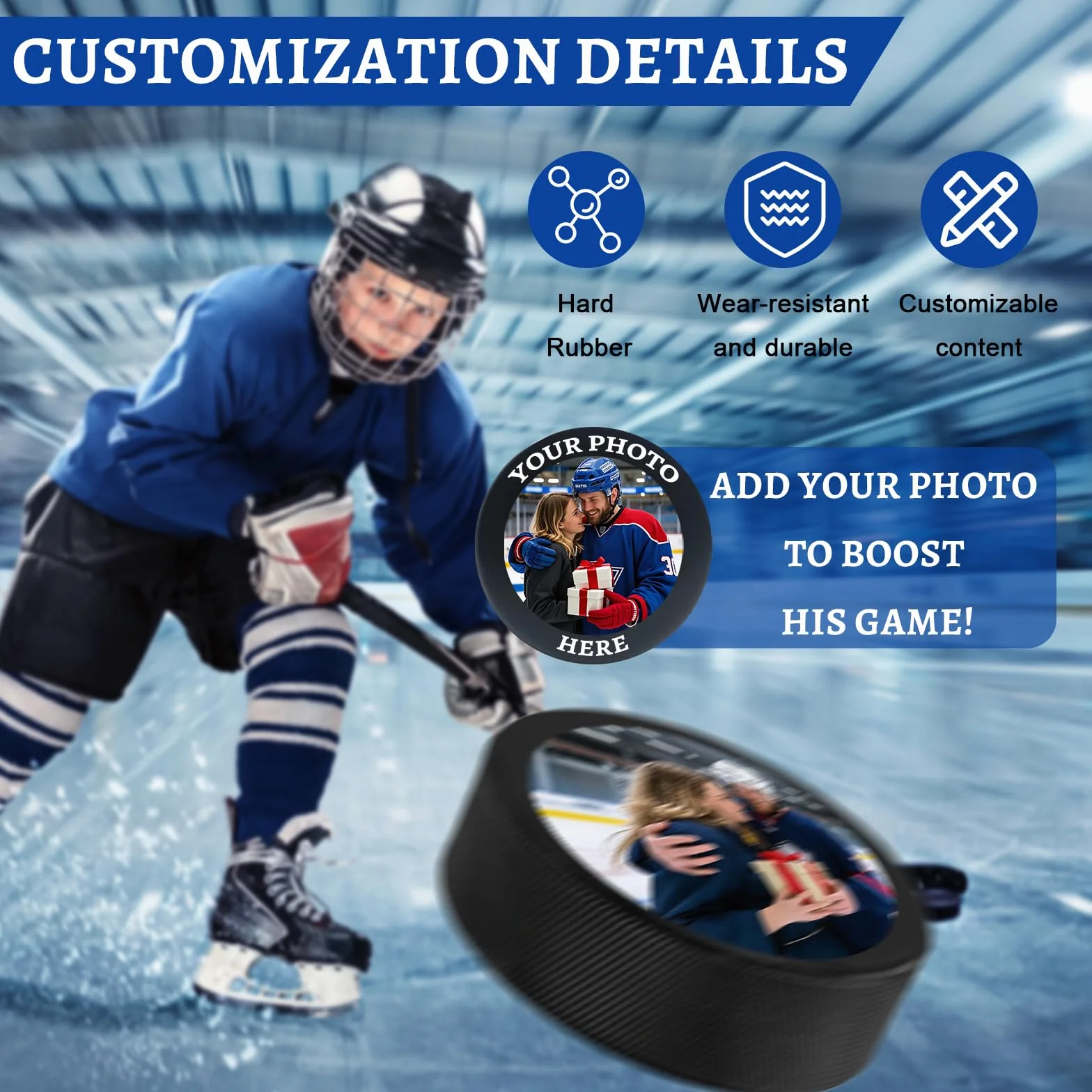 Puck da Hockey Personalizzati con Foto e Logo,Puck da Hockey su Ghiaccio da Competizione Standard Personalizzati,Regali di Hockey per Tifosi Uomo Ragazzi Fidanzato Marito papà Allenatore
