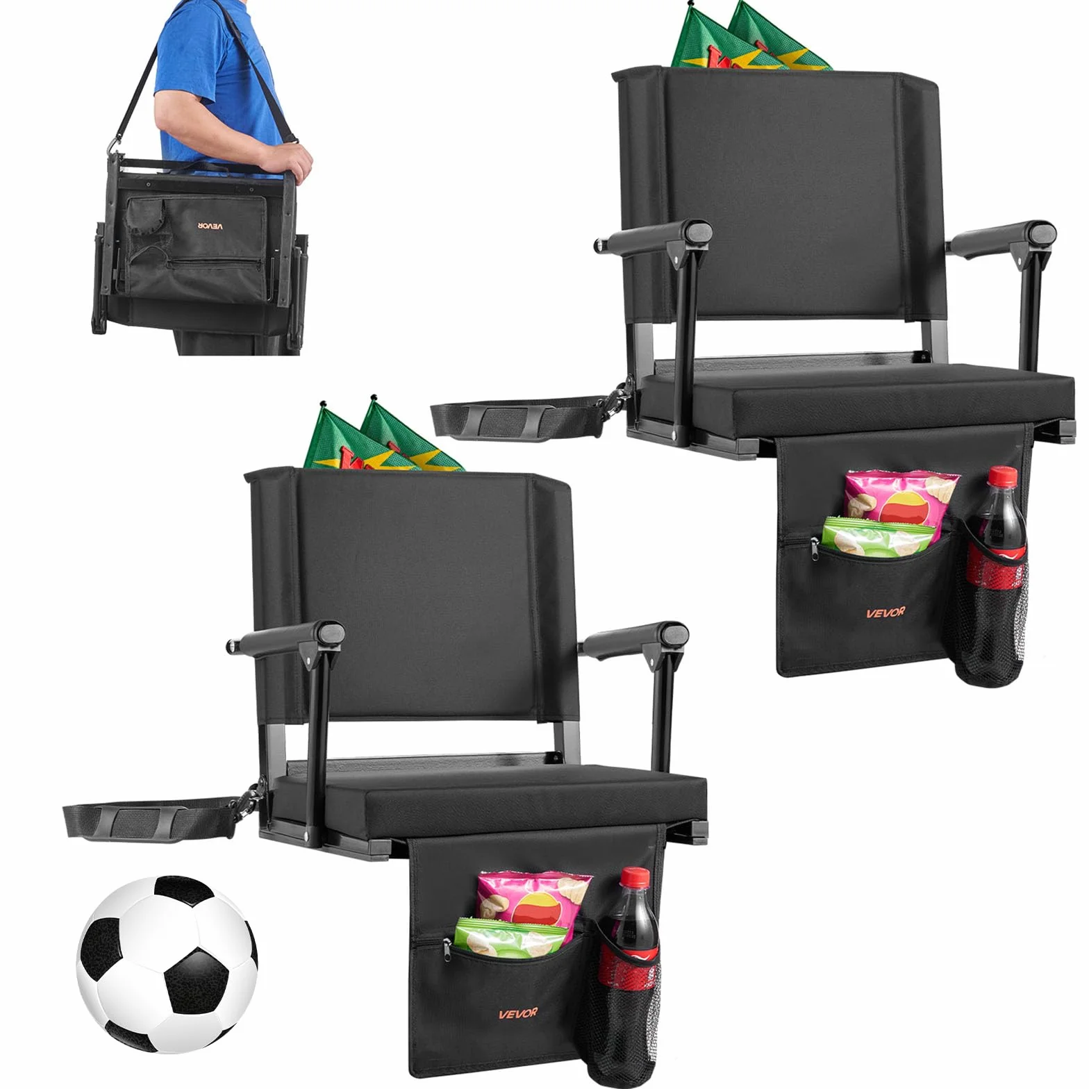 VEVOR Sedia da Stadio Portatile con Schienale e Braccioli Cuscino da Stadio con Tracolla e Gancio Sedile a Pavimento per Eventi Sportivi Larghezza Totale 474,98 mm, Confezione da 2, Nero
