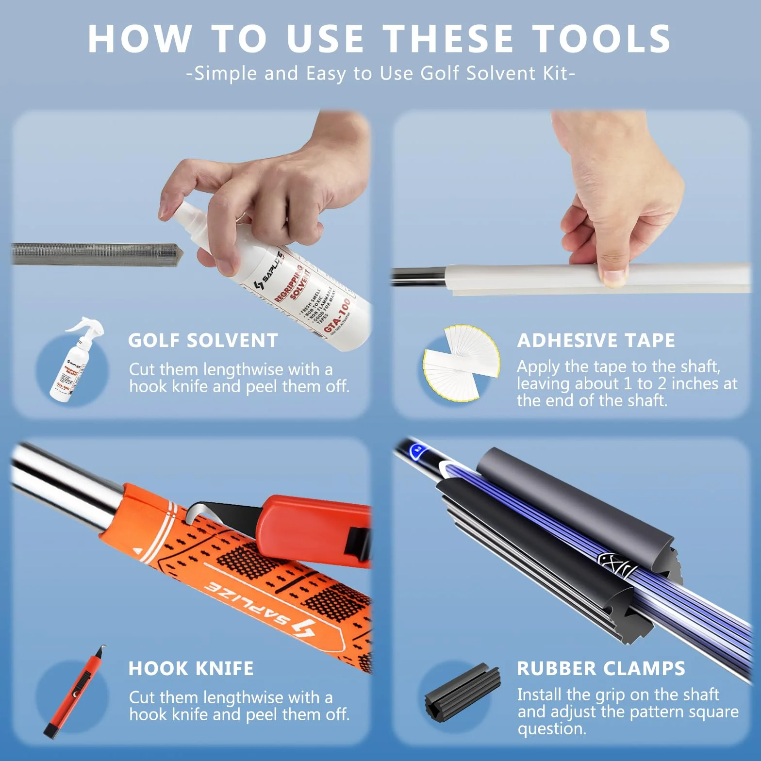SAPLIZE Golf Grip Kit – Regripping Tool with Tape, Solvent, Hook Blade & Clamp