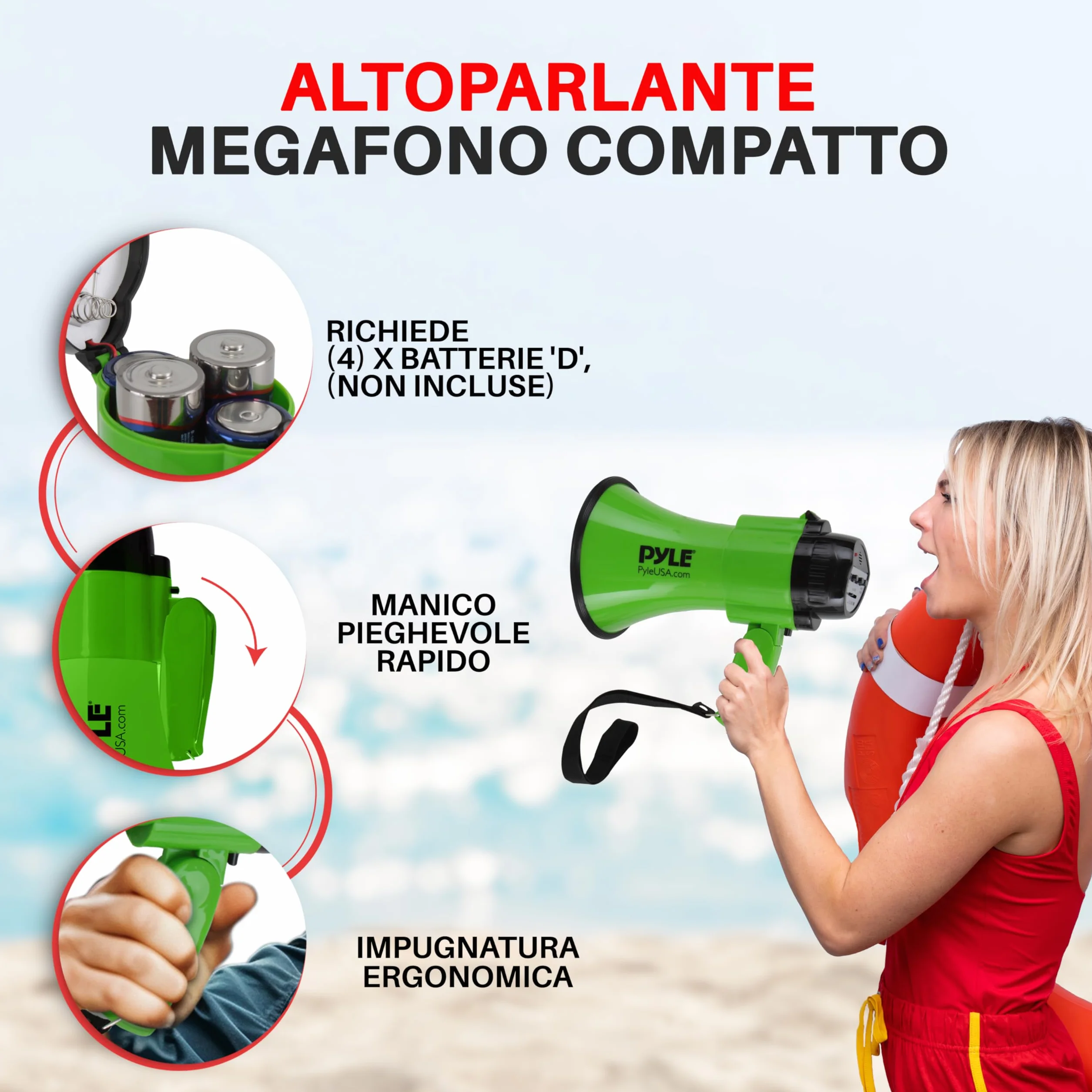 Pyle Megafono a Batteria 30W Portatile con Sirena, Microfono, 2 Modalità, Verde