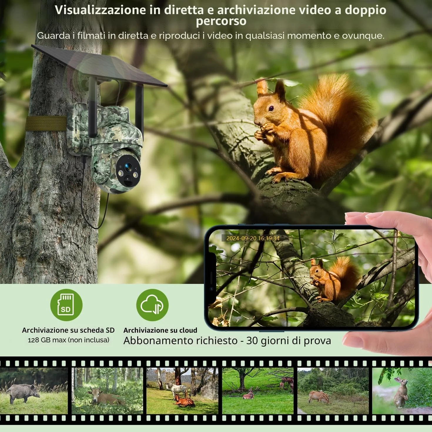 LEMNOI Fototrappola 4G Solare con SIM Preinstallate, Fotocamera da Caccia 2K PTZ Impermeabile Visione Notturna Colori Rilevamento PIR
