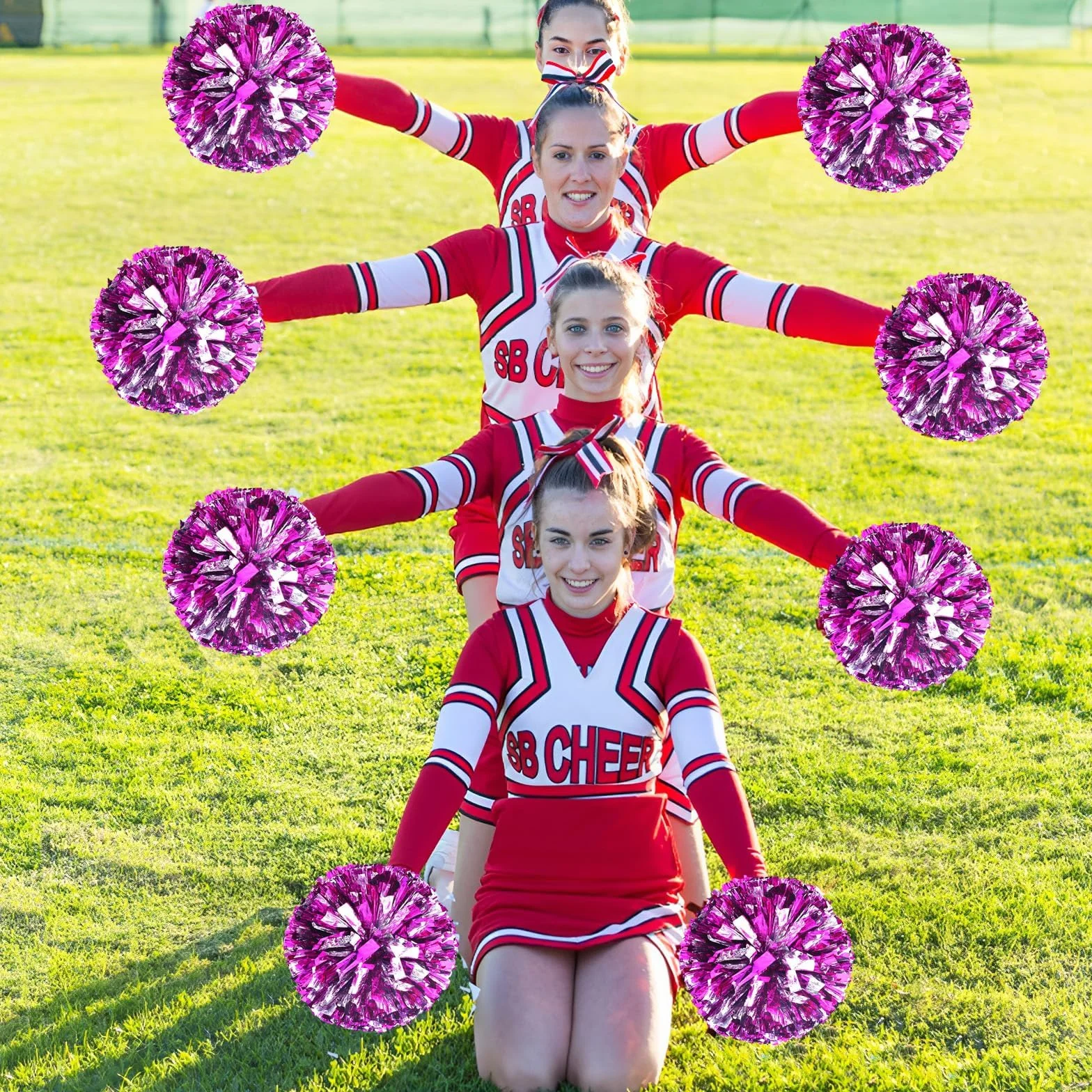Pom Poms Cheerleader con Manico Metallico 2 Pezzi per Sport, Festa (Rosa Rossa, Argento)
