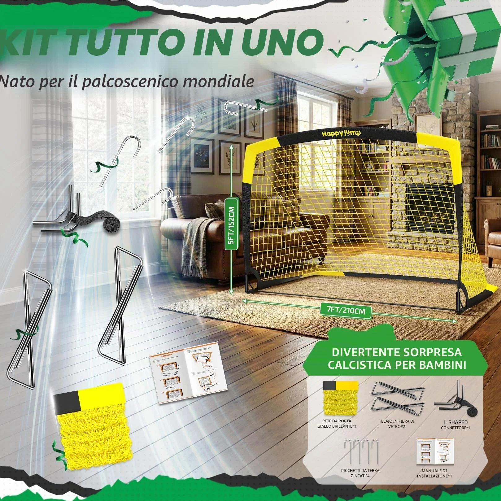 Happy Jump Porta da Calcio Pieghevole – Rete da Giardino 90x67, 120x90, 152x110, 213x152 CM | Opzioni con Pallone, Bersaglio, Pompa e Coni | Perfetta per Allenamento Outdoor e Regalo
