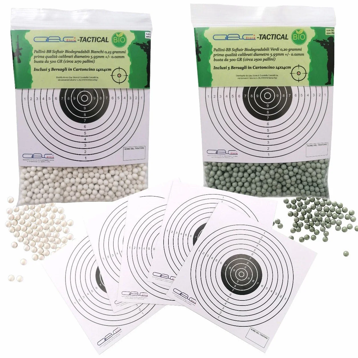Pallini BB Biodegradabili Bio 500gr 6mm Softair Verdi Bianchi 0,20 0,23 0,25 Grammi con 5 Bersagli 14x14