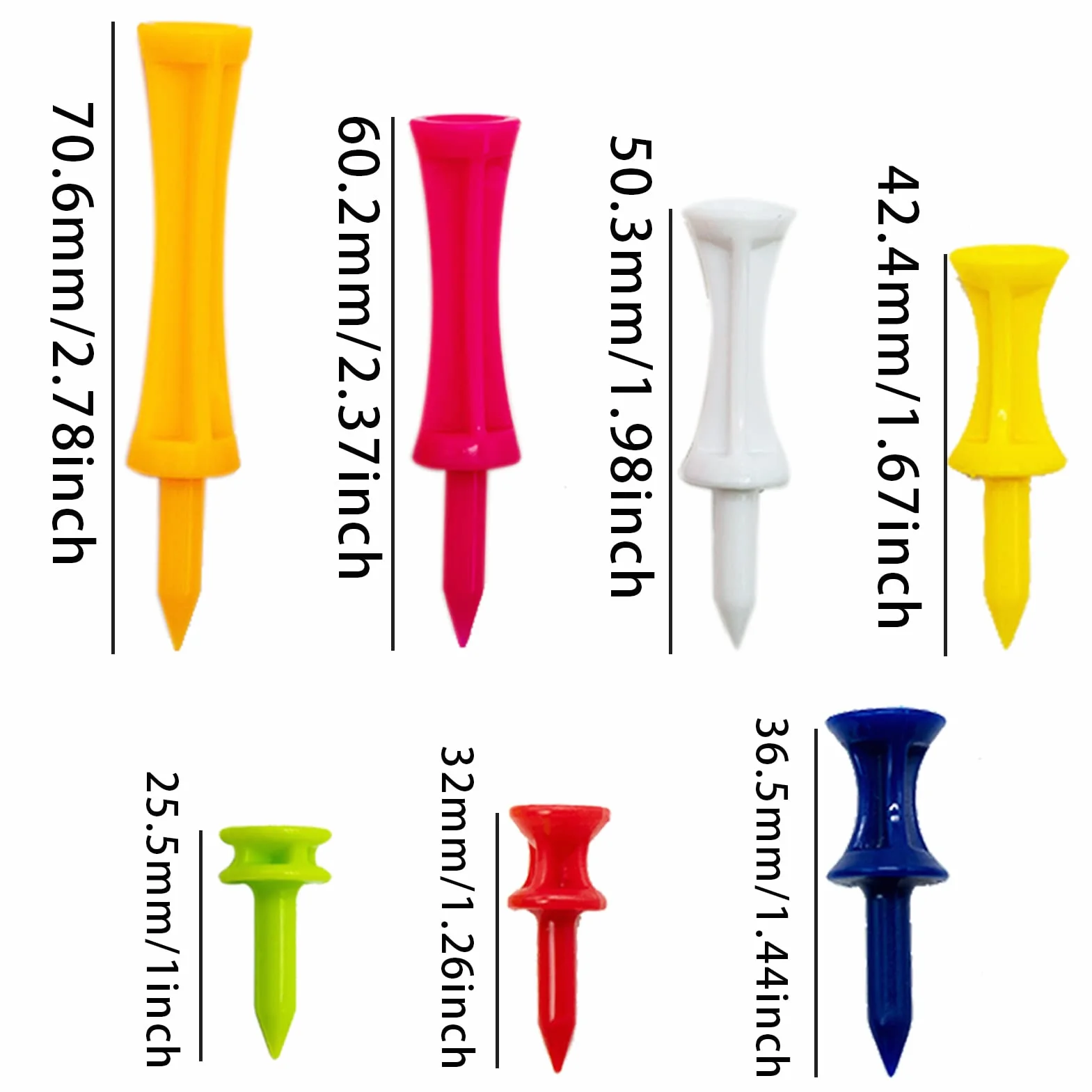 SZXMDKH Tee da golf in plastica, 70 pezzi di dimensioni miste, tee da golf resistenti per l'inverno, piccoli tee da castello in diversi colori (5 mm, 32 mm, 39 mm, 45 mm, 51 mm, 59 mm, 70 mm)
