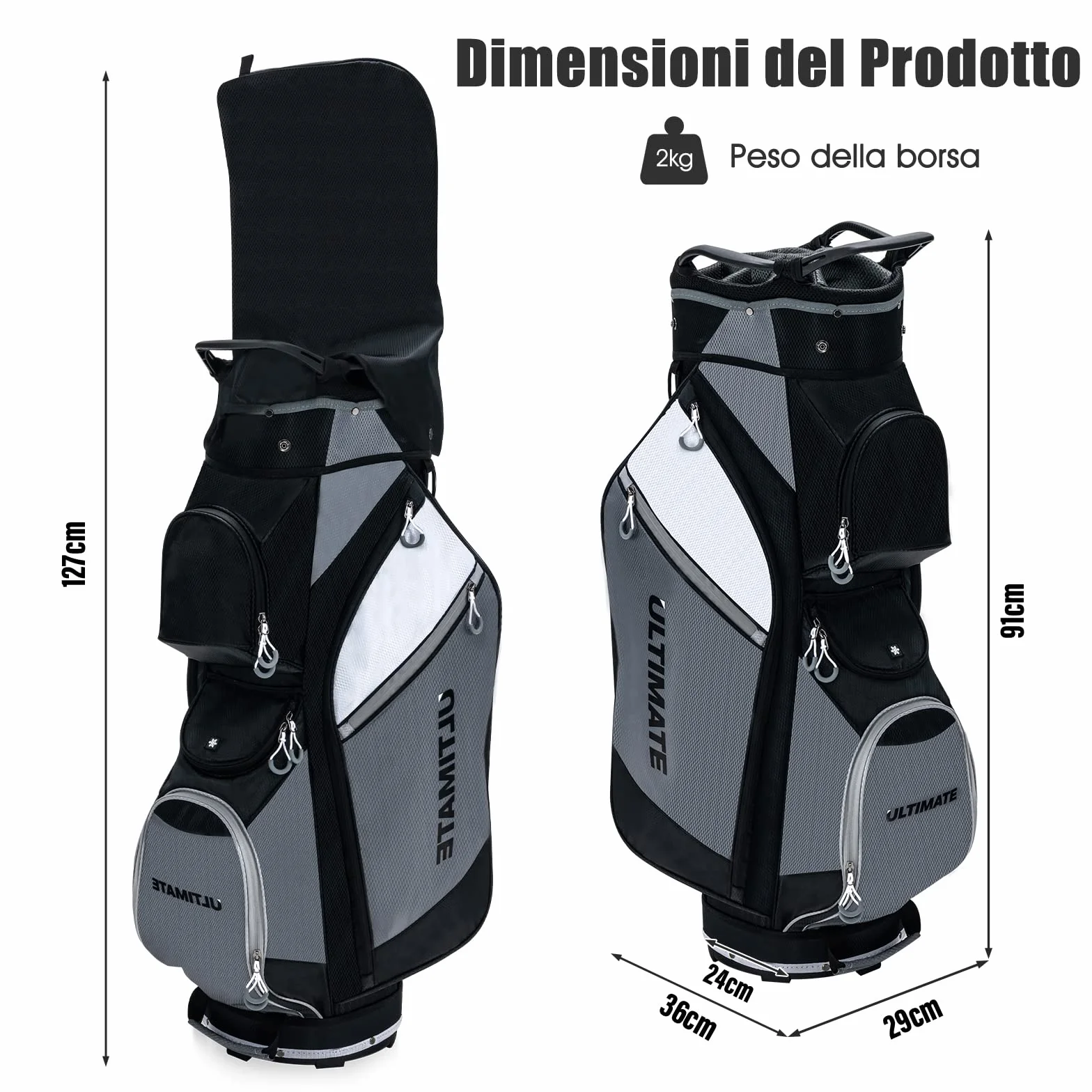 COSTWAY Borsa da Golf con 14 Divisori, Sacca per Mazze da Golf con Borsa Termica, Cappuccio Impermeabile, Maniglie e Tracolla, Ideale per Uomini e Donne, Nero e Grigio