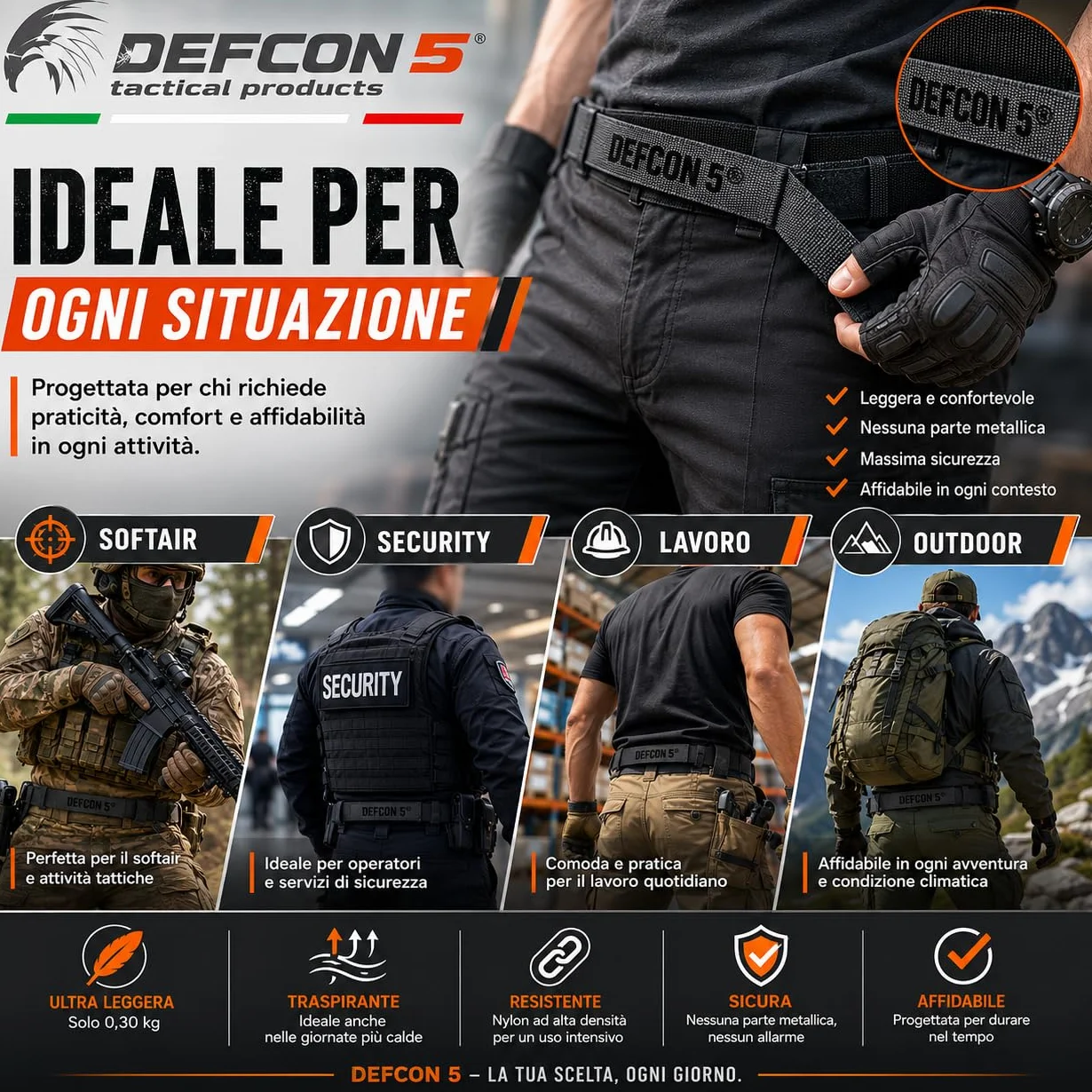 Cintura in nylon regolabile con chiusura a strappo Defcon 5 D5-BE/VE B nera