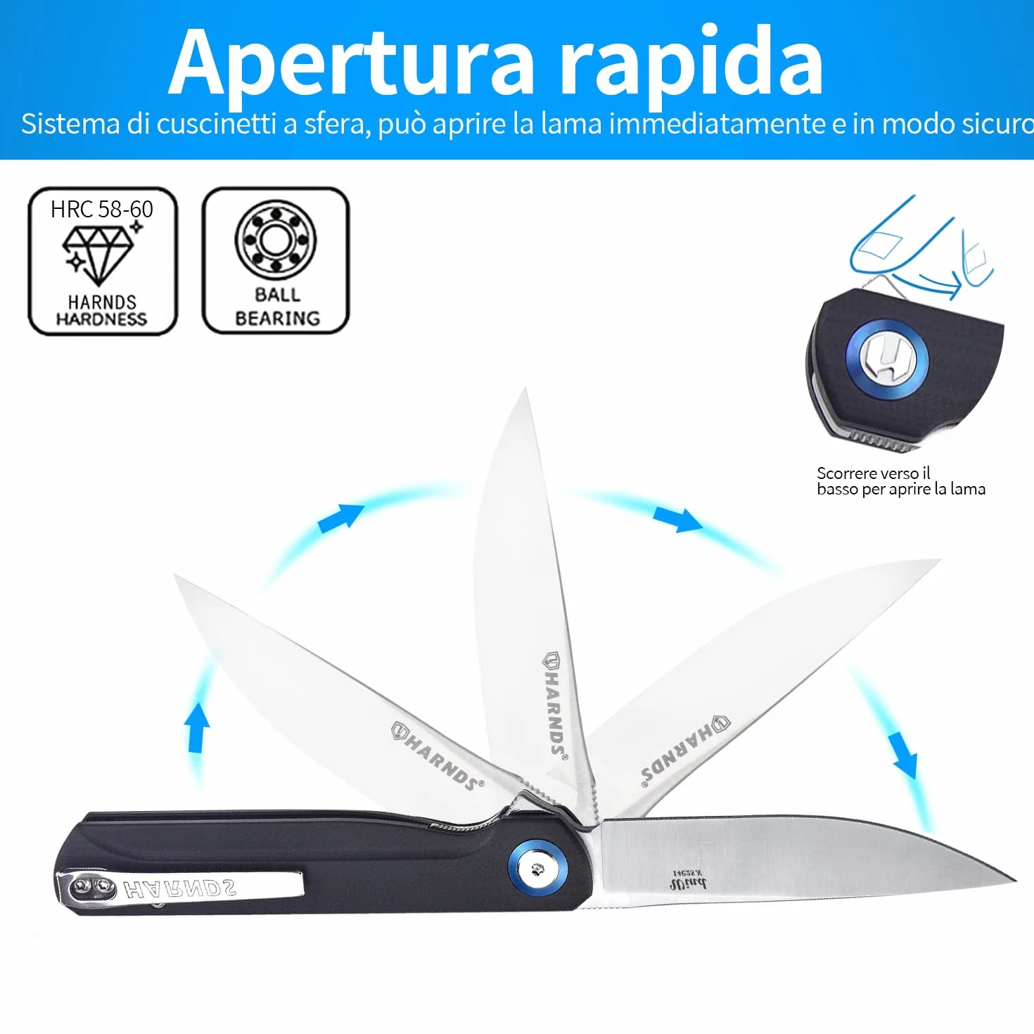 HARNDS Wind Coltello Pieghevole Tascabile Lama Acciaio Sandvik Manico G10, Serramanico Cuscinetto a Sfere per Caccia Campeggio