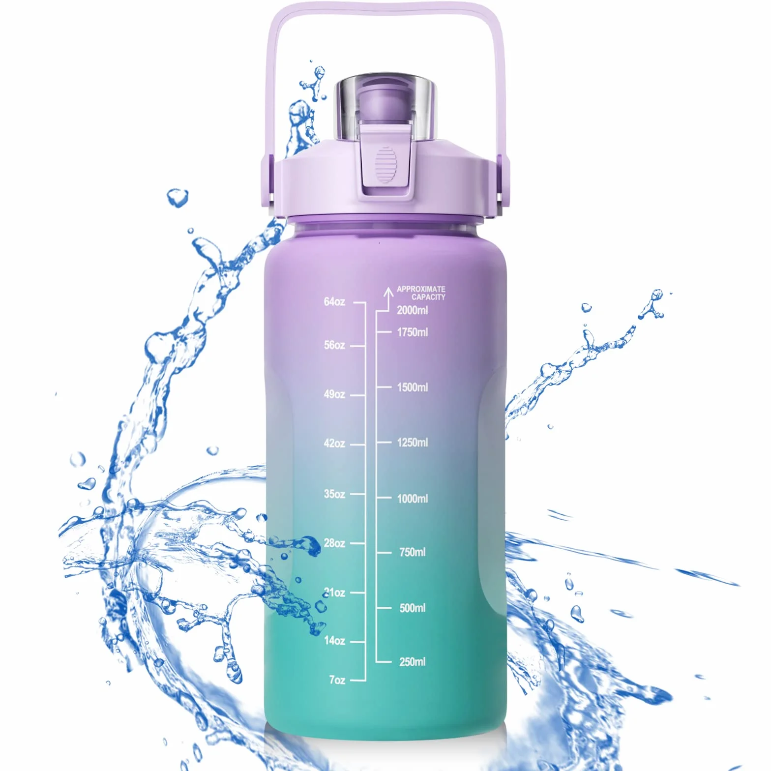 Borraccia Sportiva 2L con Cannuccia, Senza BPA, Graduata, per Palestra Yoga Campeggio (Viola)