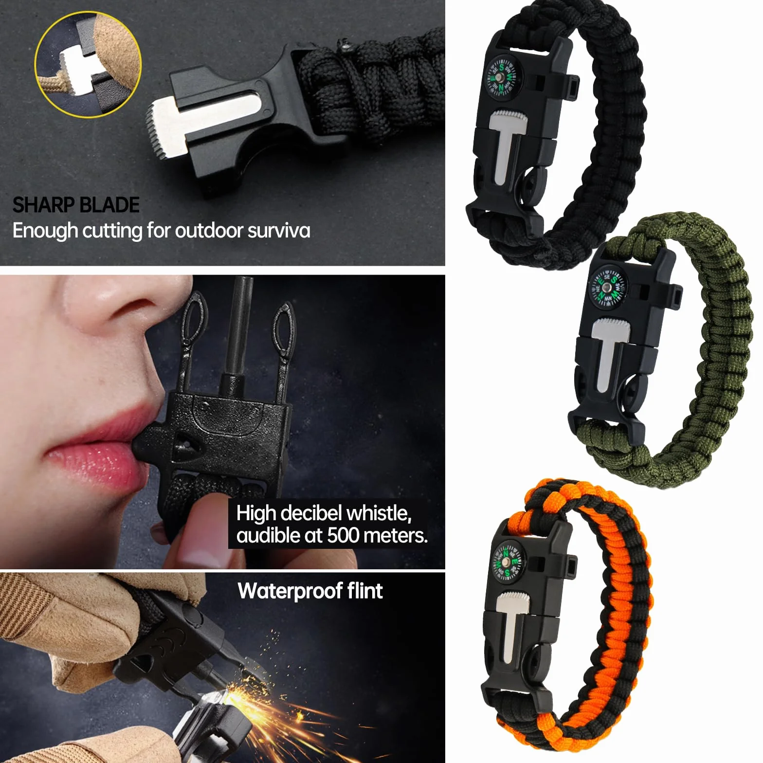 Braccialetto Paracord Sopravvivenza 6 Pezzi per Escursionismo Campeggio Emergenza Caccia Pesca 3 Colori