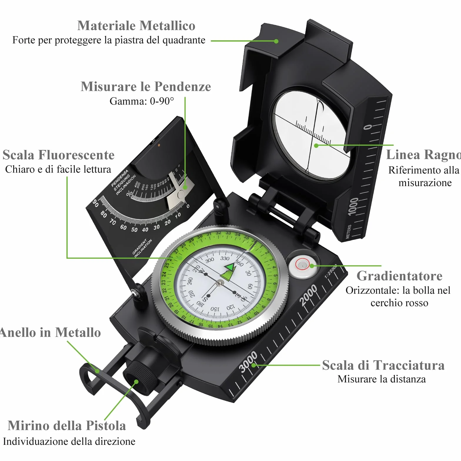 Proster Bussola Precisa Clinometro Militare Professionale con Luce Fluorescente e Borsetta Portatile