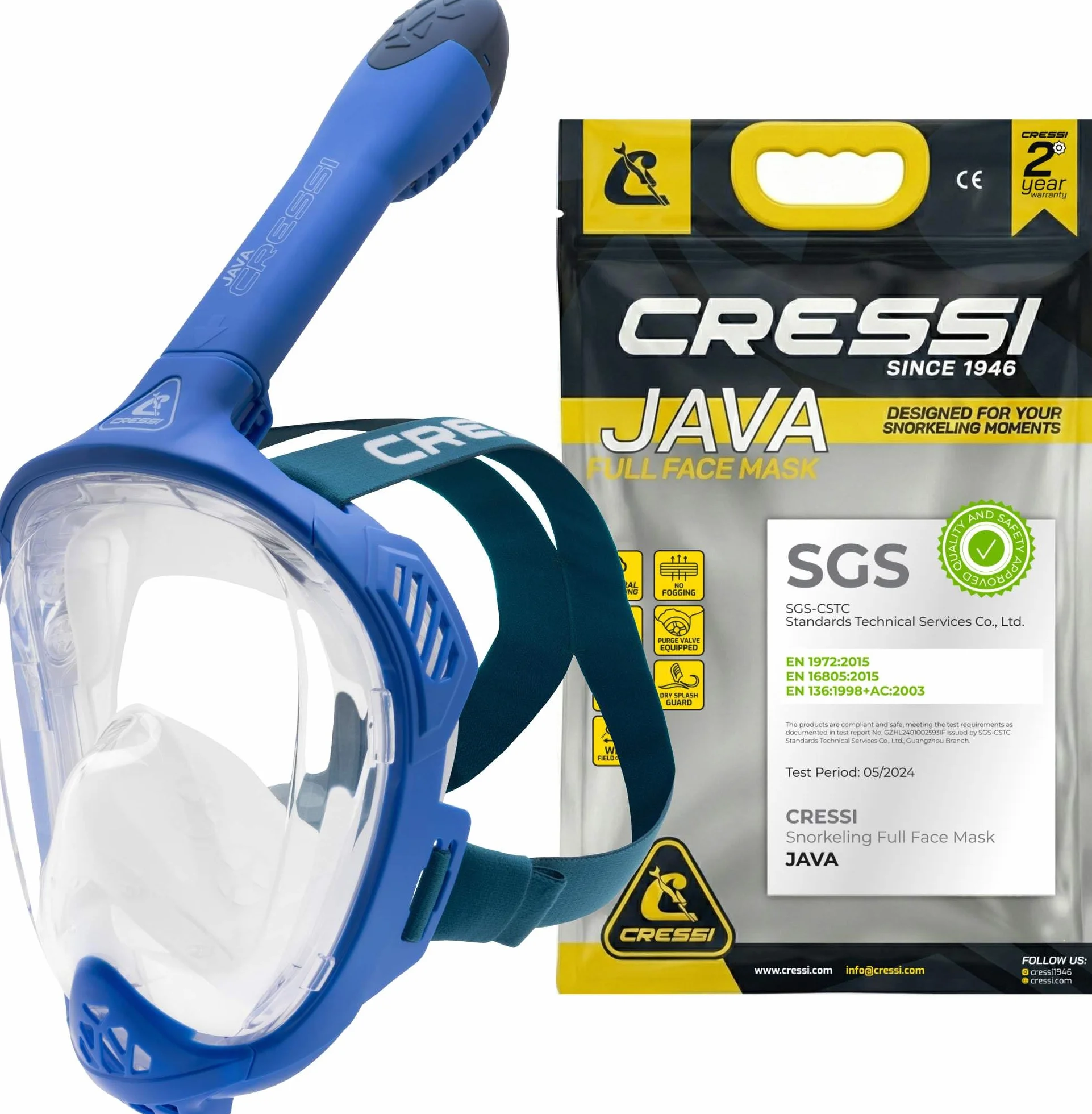 CRESSI Java Full Face Mask - Maschera Snorkeling Integrale Compact Fit, Lente Ultra Chiara Anti Fog, 100% Silicone, Snorkel Dry con Valvole Sicurezza