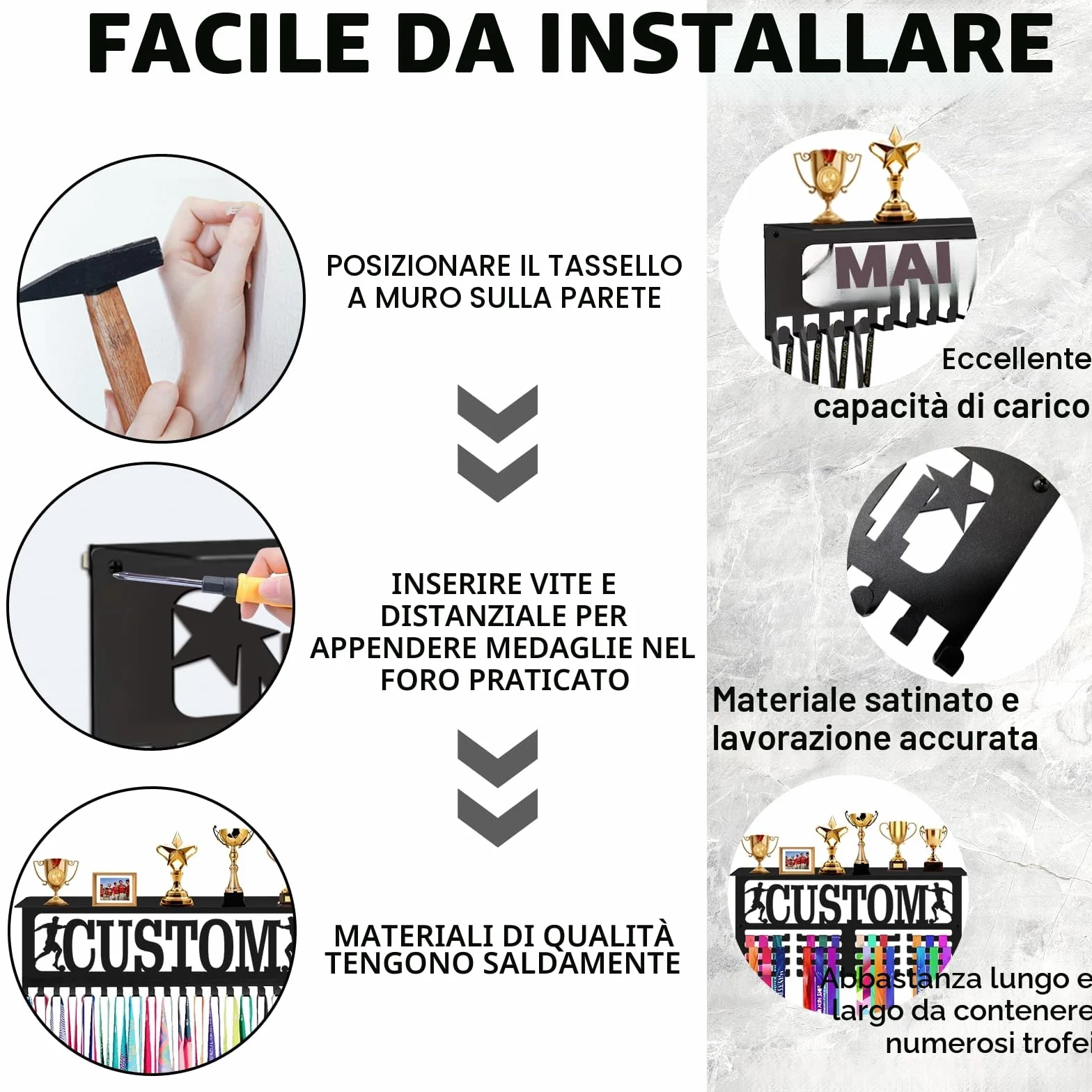Personalizowany ekspozytor na medale z nazwą i logo, metalowy, na ścianę, do gimnastyki, dla dzieci