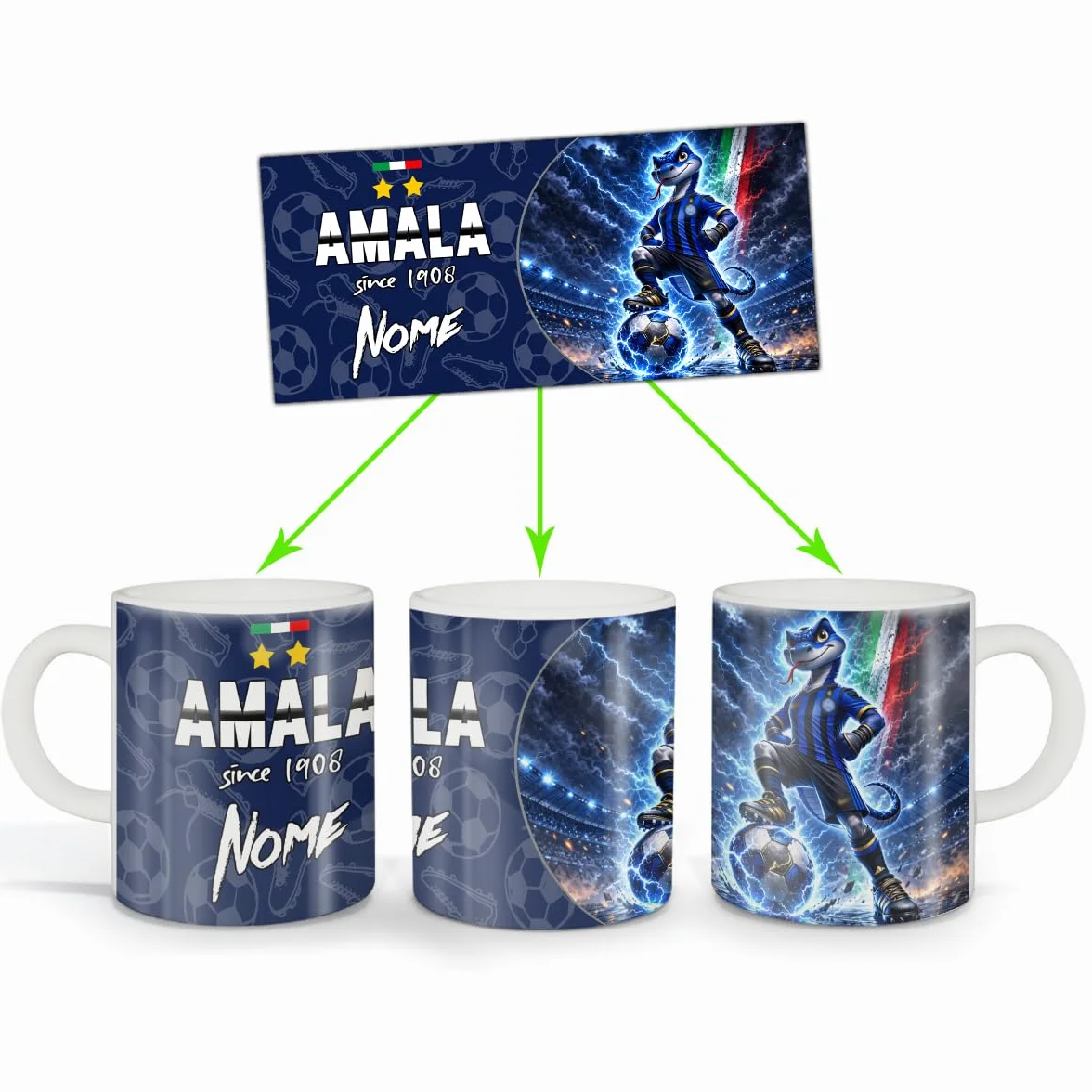 Tazza in Ceramica Tifoso Inter Nerazzurro Mascot Serpente Calcio Personalizzabile Nome Idea Regalo