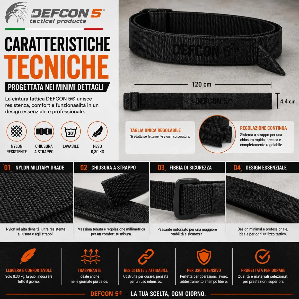 Cintura in nylon regolabile con chiusura a strappo Defcon 5 D5-BE/VE B nera