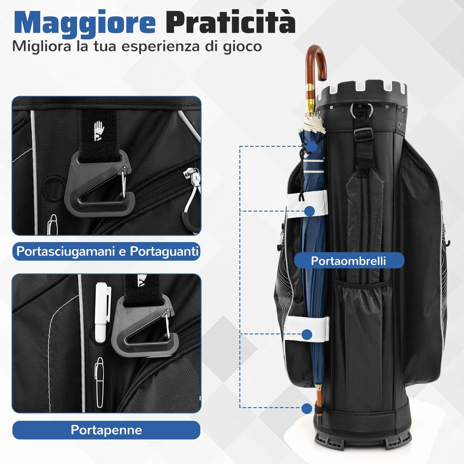 COSTWAY Borsa Carrello da Golf, Sacca da Golf con Serratura e Divisori a 14 Vie, 11 Tasche, Sacca Isolante, Tracolla Imbottita, Maniglie, Porta Ombrello e Cappuccio Antipioggia