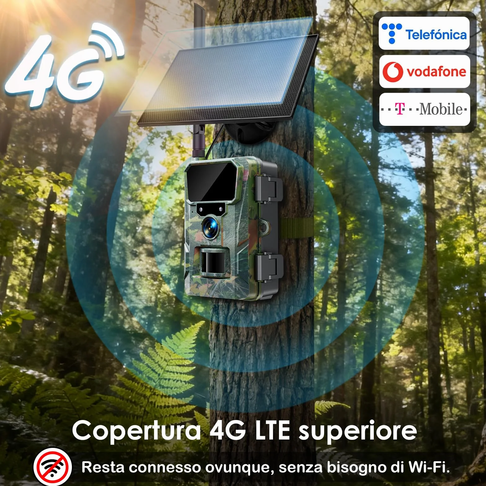 WOLFANG Fototrappola 4G 2K 48MP HD Fotocamera Caccia con Batteria 5200 mAh Infrarossi IP66