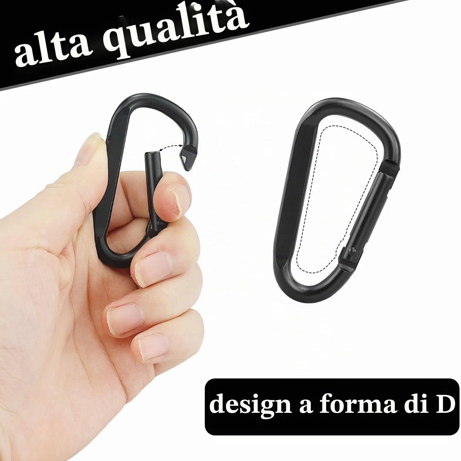 Moschettone in Alluminio a Vite da 6,7 cm - Set Gancio a D con Anello Portachiavi - Nero