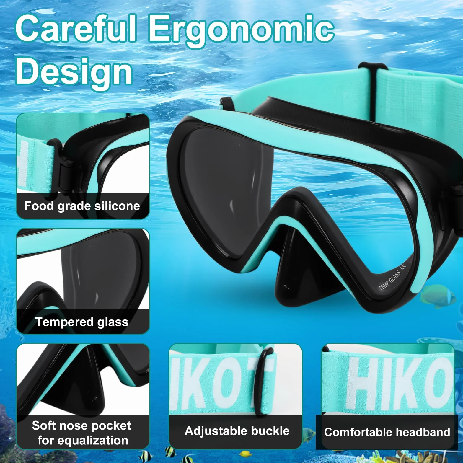 Maschera Immersione Bambini Cinturino Regolabile Morbido Tessuto Anti-Nebbia Anti-Perdite Panoramica 180°