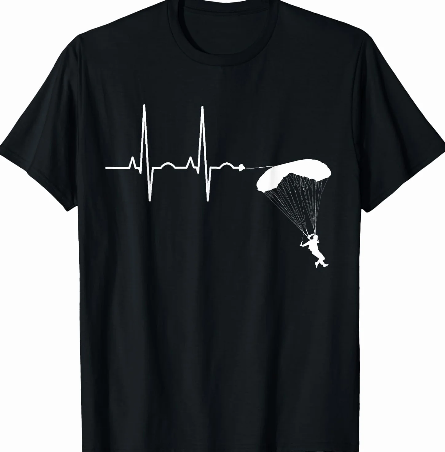 Maglietta Paracadutismo Skydive Heartbeat Figura Paracadute Unisex Bambini Adolescenti Adulti Nero Manica Corta