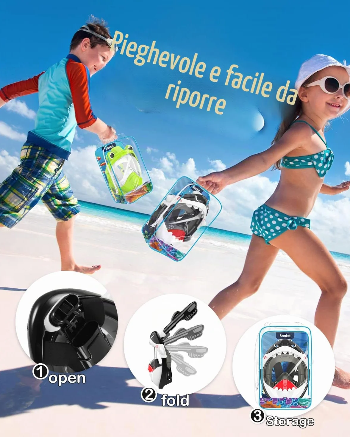 Maschera da snorkeling per bambini, 180° HD, anti-appannamento e anti-perdita, maschera integrale per bambini, maschera subacquea, maschera subacquea, set per bambini 4-12 anni